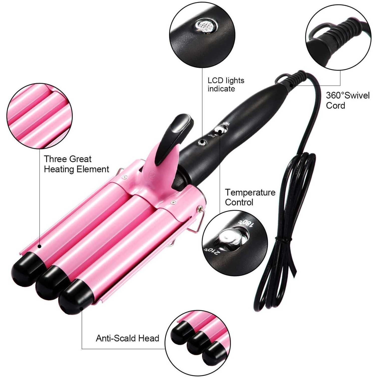 Willbond 3 Barrel Curling Iron Wand Hair Waver With Two Temperature Control, 25Mm(1 Inch), Lcd Lights Indicate, Ceramic Professional Hair Curling Wand With 4 Pcs Hair Clips And Heat Resistant Glove