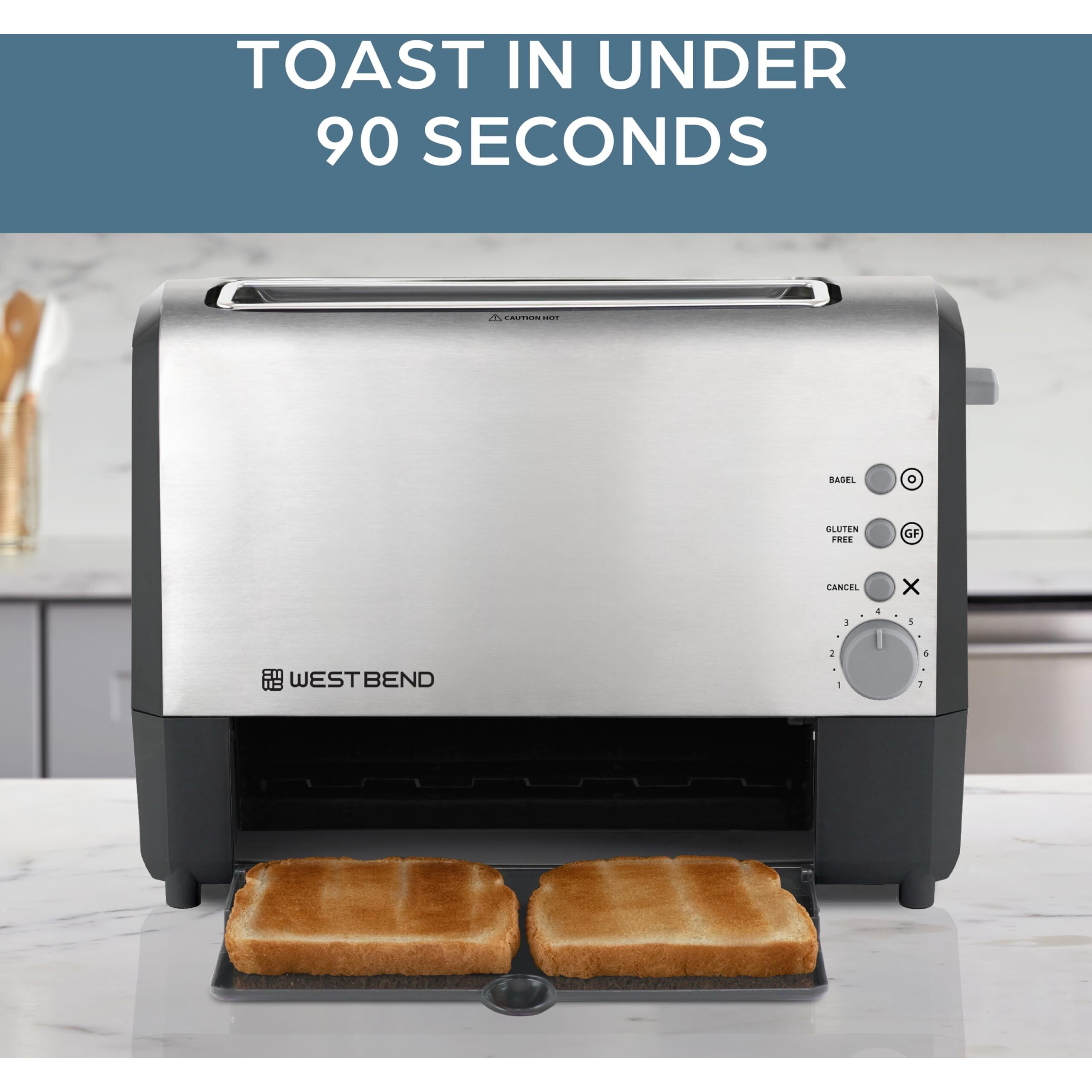 West Bend 77222 Toaster 2 Slice Quikserve Wide Slot Slide Through With Bagel And Gluten-Free Settings And Cool Touch Exterior Includes Removable Serving Tray, Silver