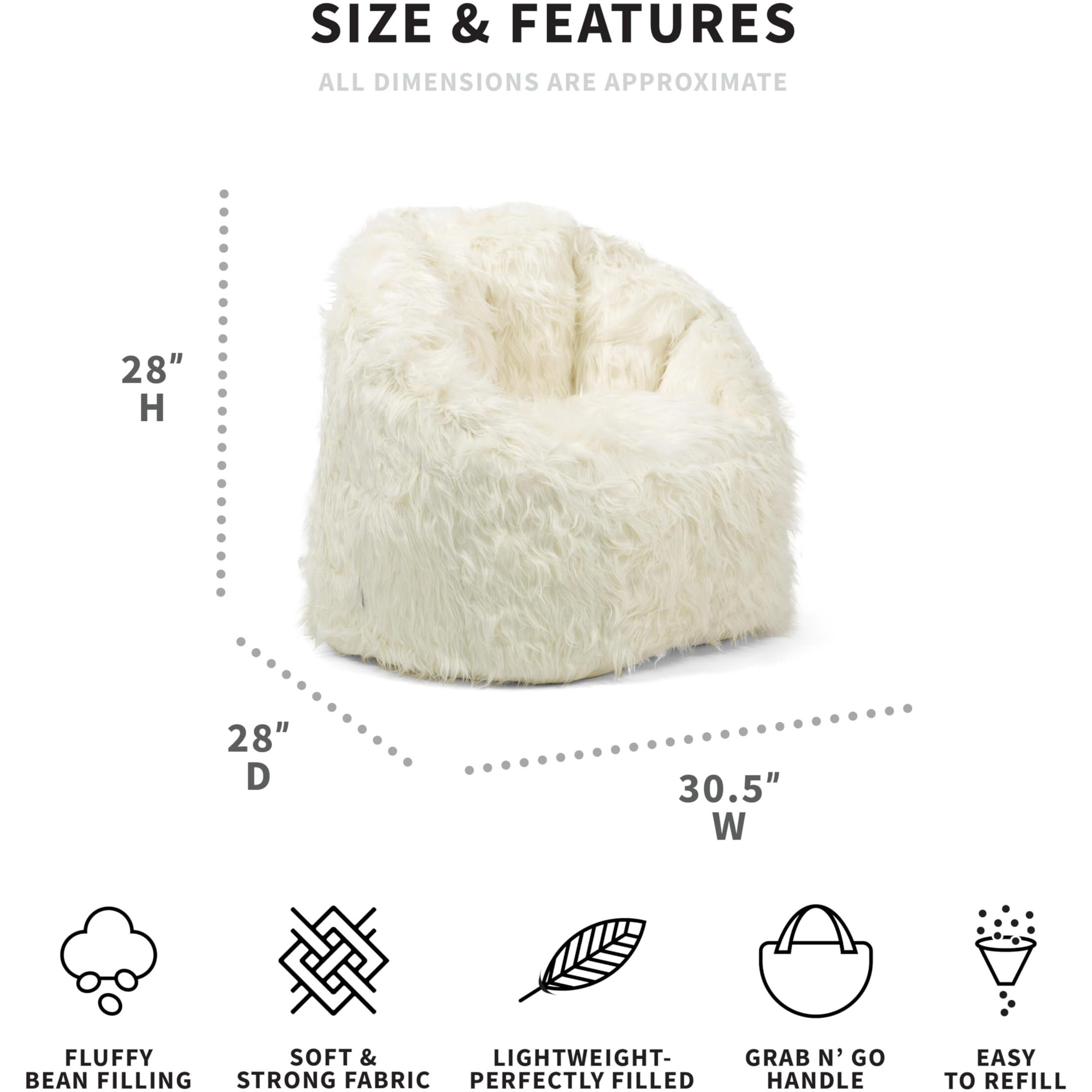 Big Joe Milano Bean Bag Chair, Ivory Shag Fur, Soft Faux Fur, 2.5 Feet