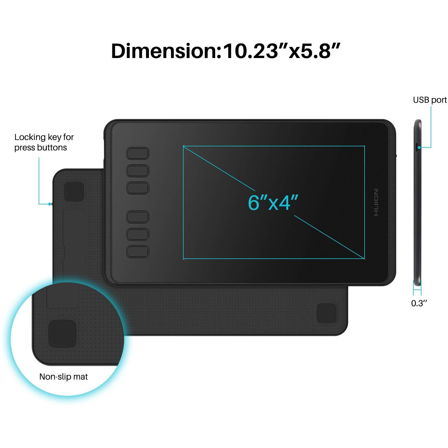 Huion Inspiroy H640P Drawing Tablet, 6X4 Inch Art Tablet With Battery-Free Stylus, 8192 Pen Pressure, 6 Hot Keys, Graphics Tablet For Drawing, Writing, Design, Teaching, Work With Mac, Pc & Mobile