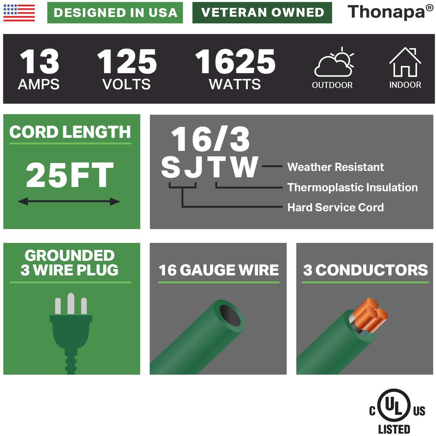 Thonapa 13 Amp Outdoor Extension Cord 25 Ft, 16/3 Sjtw 25Ft Green Extension Cord 3 Prong, Weatherproof Exterior Extension Cord For Outdoor Lights, Landscaping & Lawn - Us Veteran Owned