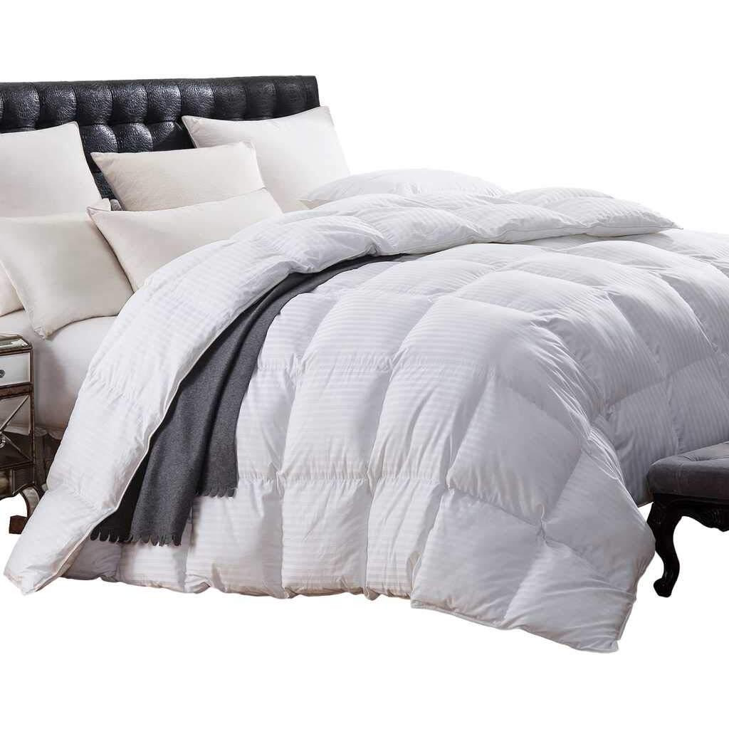 Goose Down Comforter - 1200 Thread-Count Cal King Size Siberian Goose Down Comforter, White Stripe, 100% Egyptian Cotton 750Fp, 50Oz