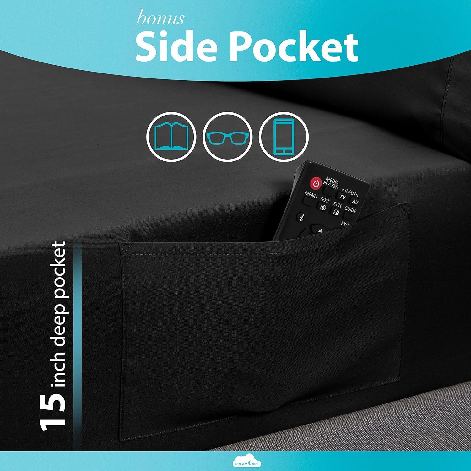 Dreamcare Queen Size Sheets - Cooling Bed Sheets - 4Pcs Set - Up To 15"" Deep Pocket Queen Sheet Set - Sheets Queen Size Bed - Soft & Long Lasting 100% Fine Brushed Polyester With Side Pocket - Black