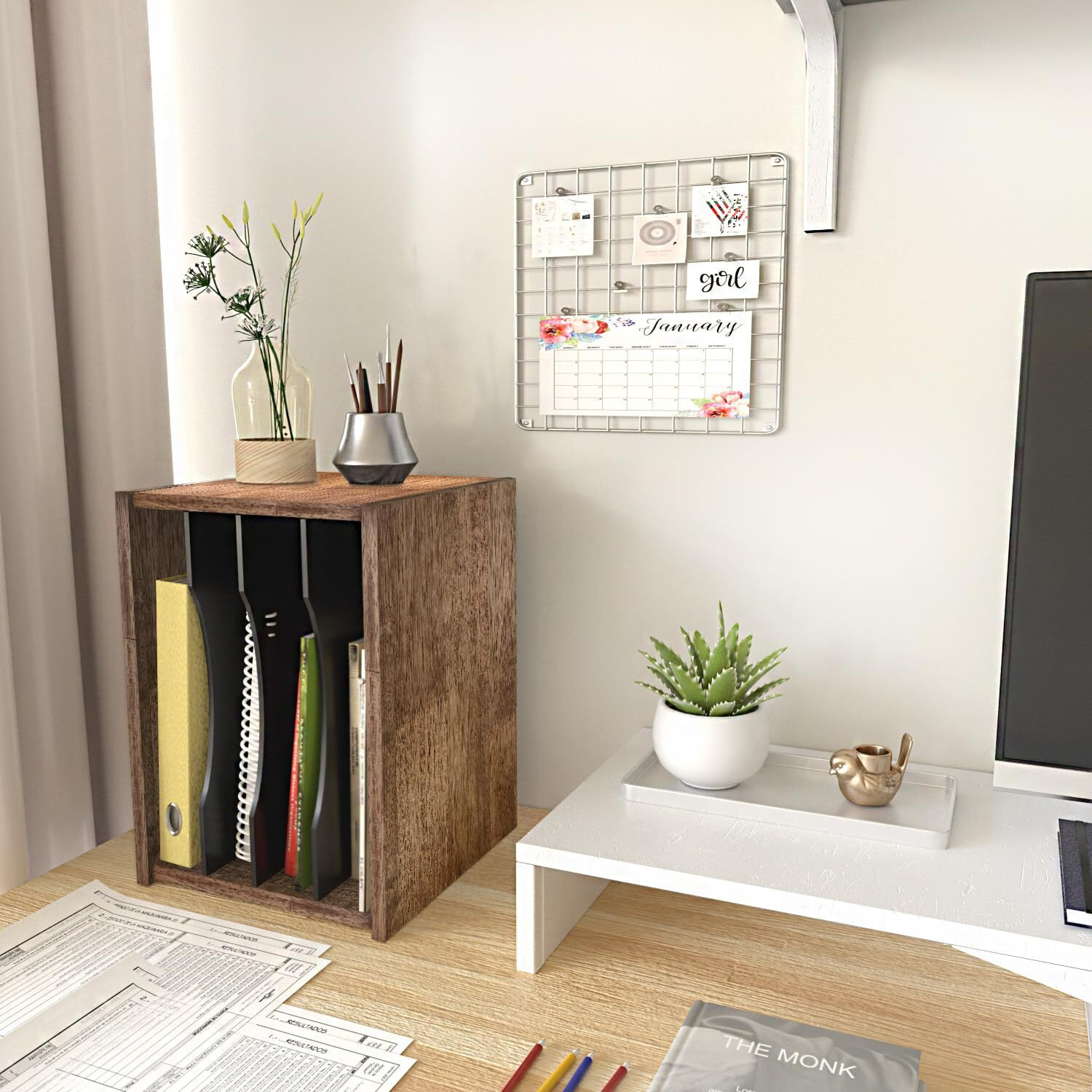 J Jackcube Design Rustic Wood Desk Organizer 4 Compartment Paper File Holder For Home And Office, Document Storage, File Sorter, Mail And Letter Tray- Mk560A