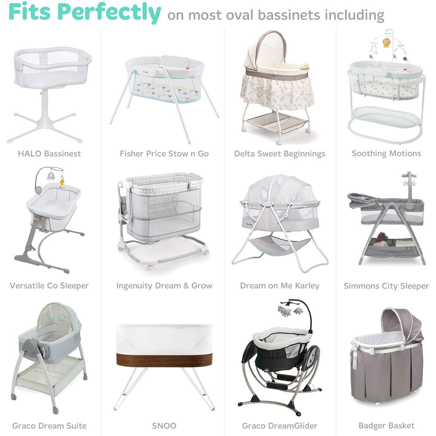 Bassinet Fitted Sheets Compatible With Halo, Fisher Price, Delta, Graco - Fits Perfectly On 15 X 33 Inch Oval, Rectangular Mattress Pad - Snuggly Soft Jersey Cotton - Heather Grey - 2 Pack