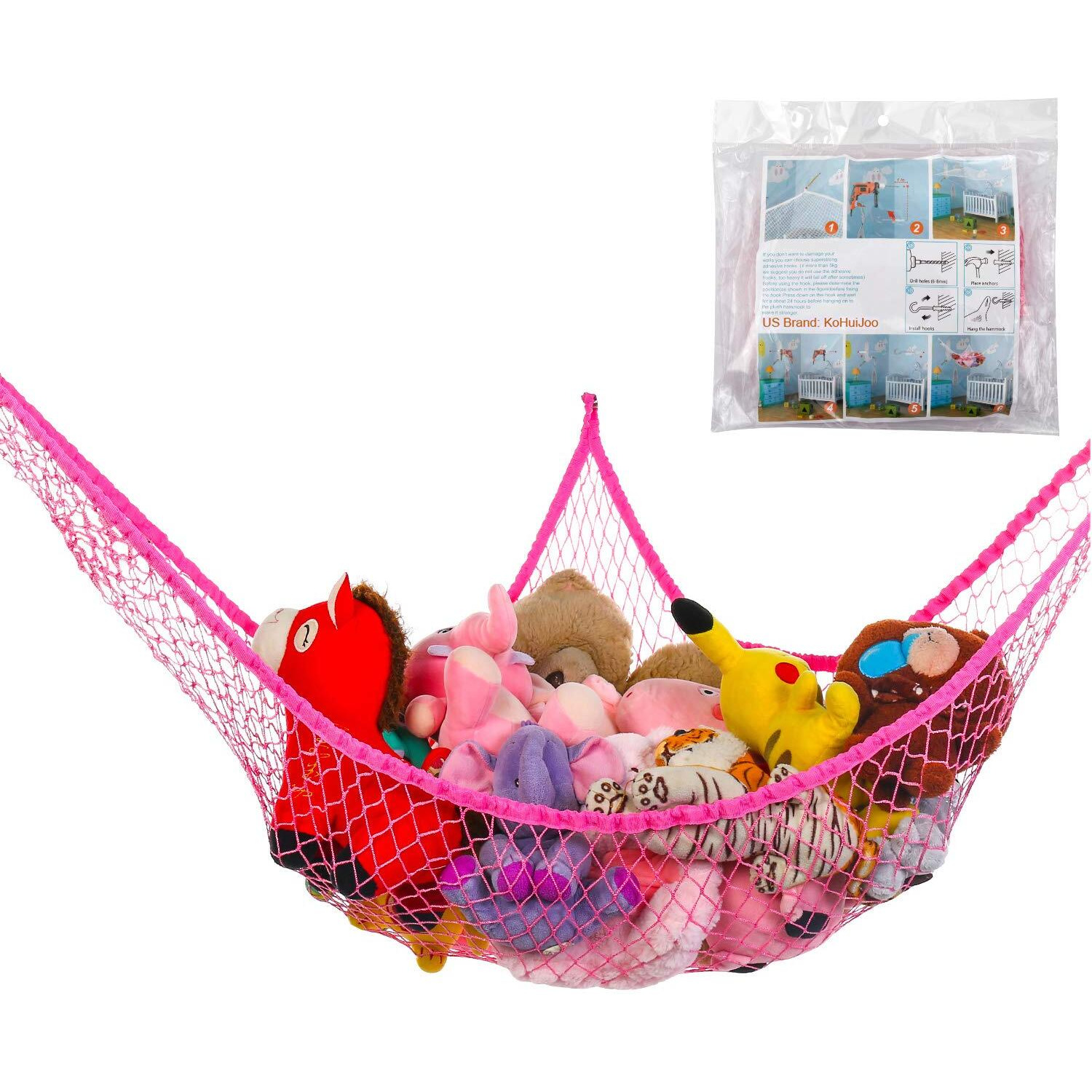 Kohuijoo Jumbo Toy Hammock Stuffed Animals And Toy Storage Hammock Net 70"" Wall Sling Corner Extra Large Kids Children Mesh Toy Net Organizer Pink