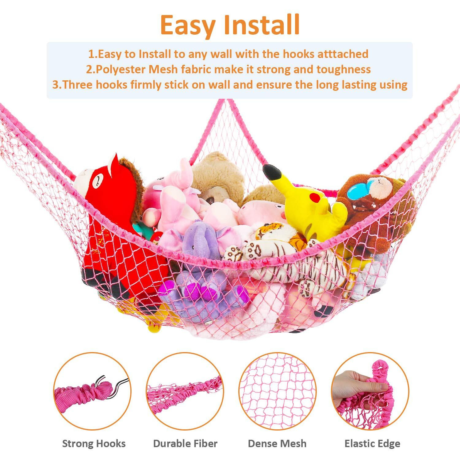 Kohuijoo Jumbo Toy Hammock Stuffed Animals And Toy Storage Hammock Net 70"" Wall Sling Corner Extra Large Kids Children Mesh Toy Net Organizer Pink