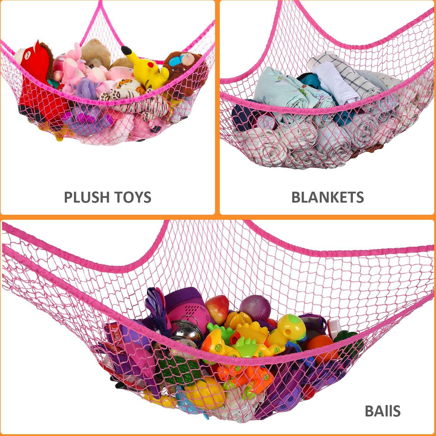 Kohuijoo Jumbo Toy Hammock Stuffed Animals And Toy Storage Hammock Net 70"" Wall Sling Corner Extra Large Kids Children Mesh Toy Net Organizer Pink