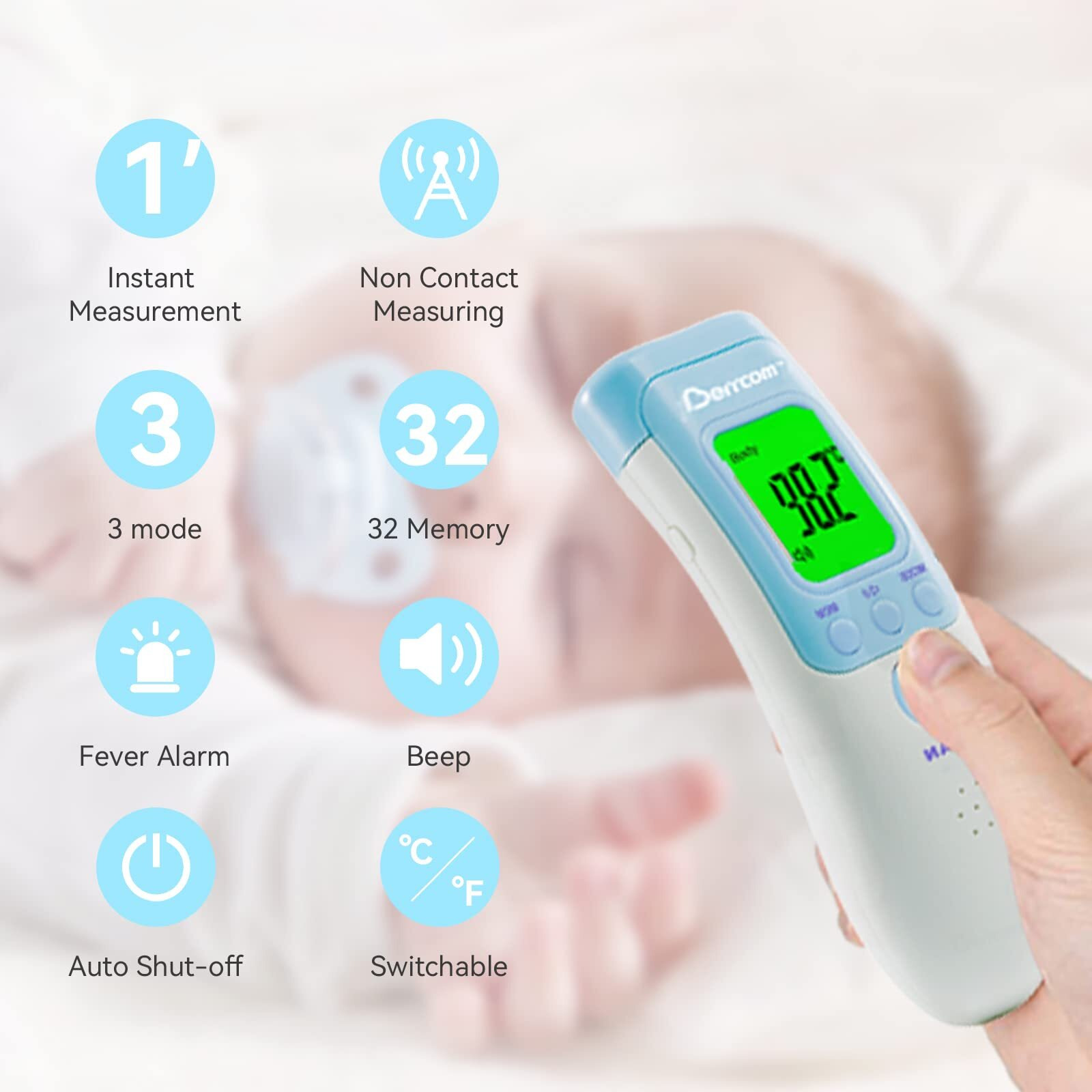 Berrcom Forehead Thermometer For Adults And Kids, Non Contact Infrared Thermometer For Object, Room, Touchless Digital Thermometer With Fever Alert