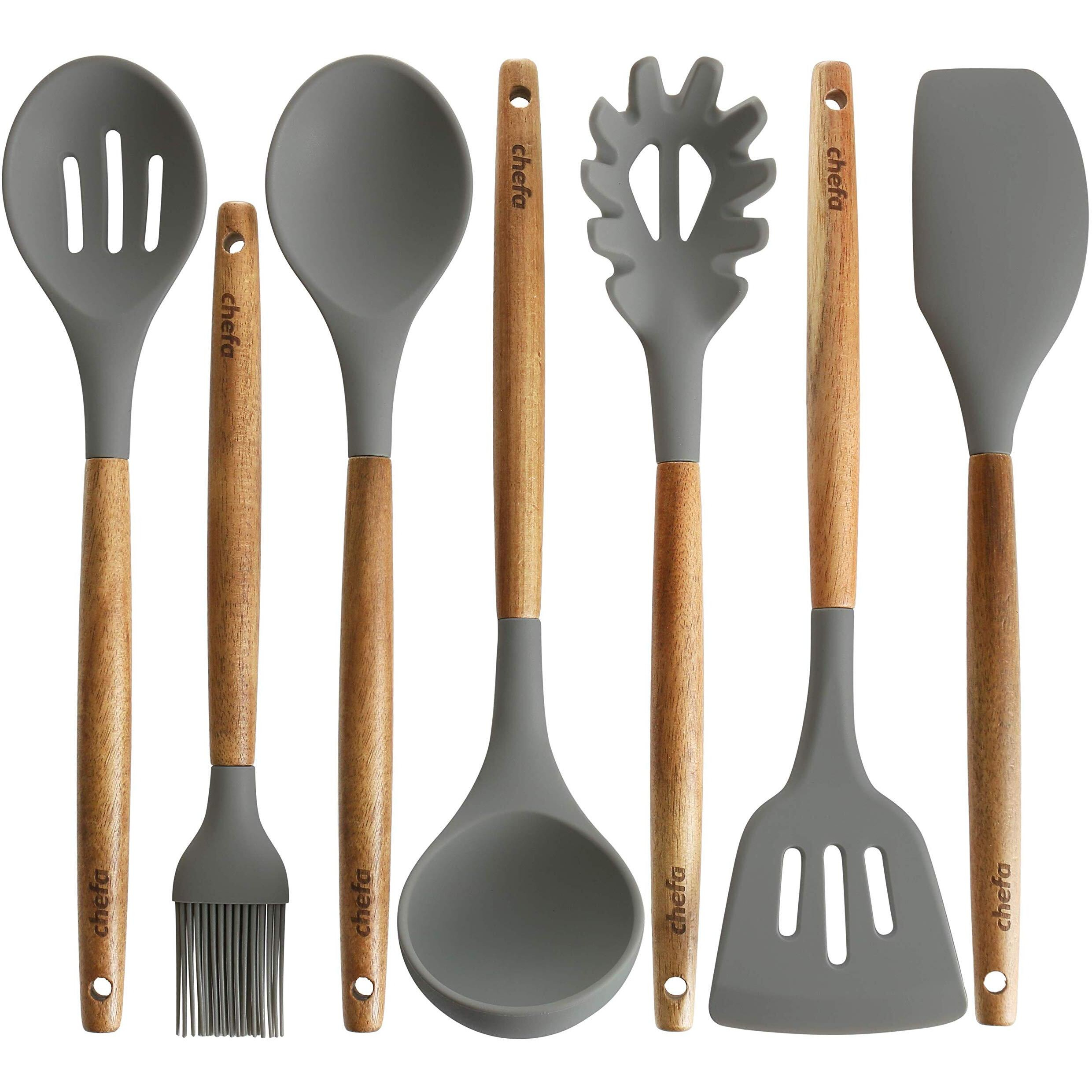 Silicone Cooking Utensils | Wooden Handle, Non-Stick Cookware Heat Resistant Kitchen Utensil Spatula, Slotted & Solid Spoon, Soup Ladle, Slotted Turner And Spaghetti Server,| Acacia Wood - Dark Gray
