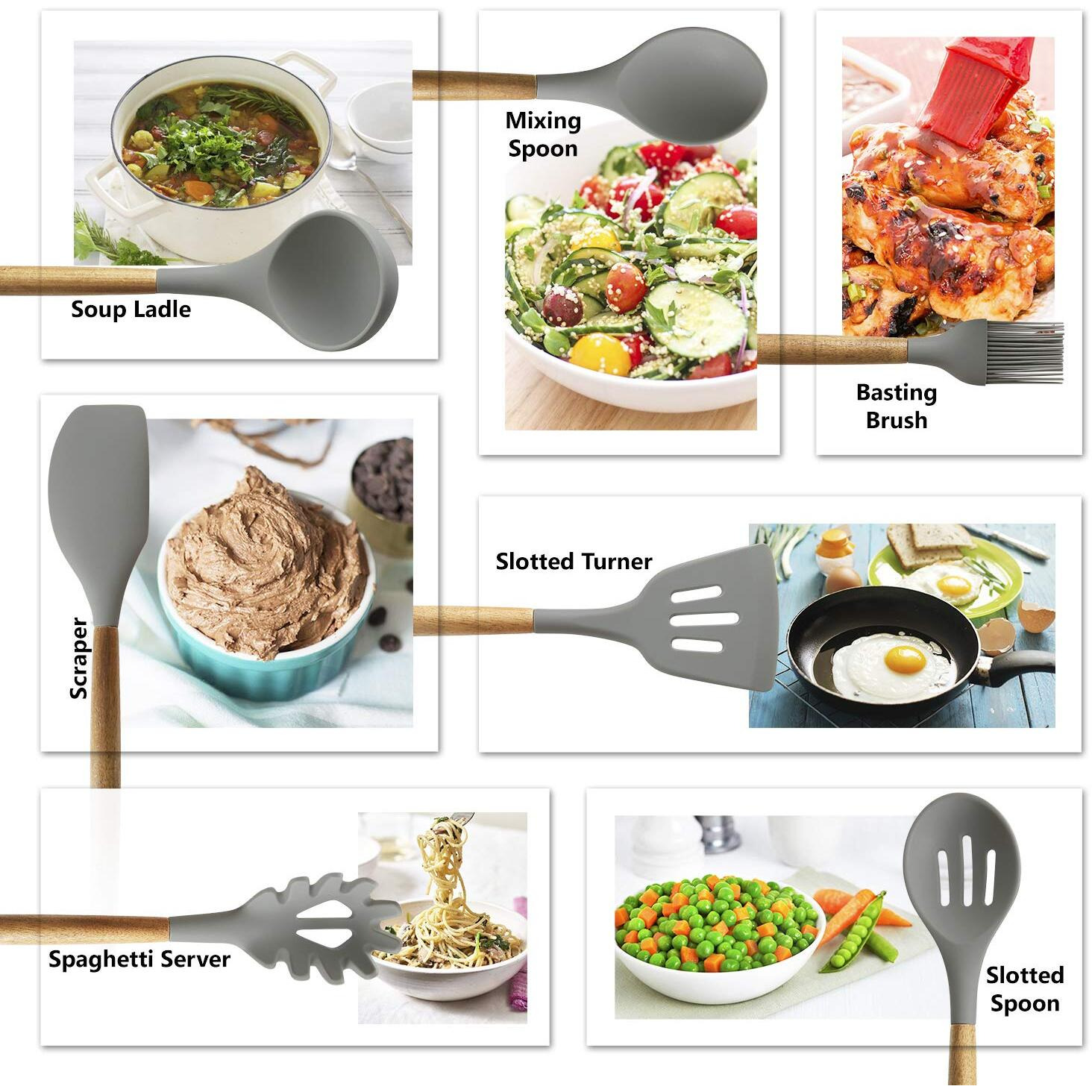 Silicone Cooking Utensils | Wooden Handle, Non-Stick Cookware Heat Resistant Kitchen Utensil Spatula, Slotted & Solid Spoon, Soup Ladle, Slotted Turner And Spaghetti Server,| Acacia Wood - Dark Gray