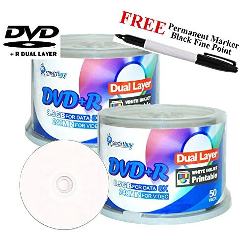 Smartbuy 100-Disc 8.5Gb/240Min 8X Dvd+R Dl White Inkjet Hub Printable Blank Media Disc + Black Permanent Marker