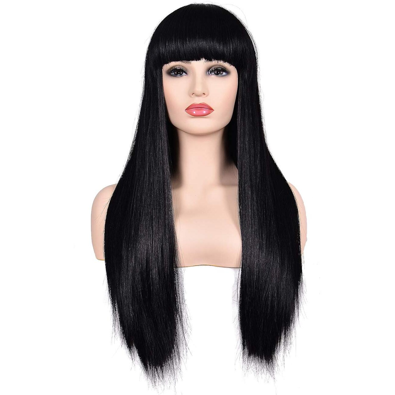 Morvally Women's 26"" Long Straight Black Synthetic Resistant Hair Wigs With Bangs Natural Looking Wig For Women Halloween Cosplay