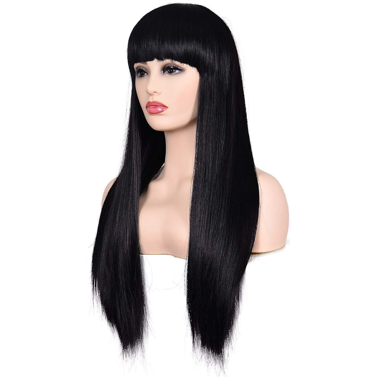 Morvally Women's 26"" Long Straight Black Synthetic Resistant Hair Wigs With Bangs Natural Looking Wig For Women Halloween Cosplay