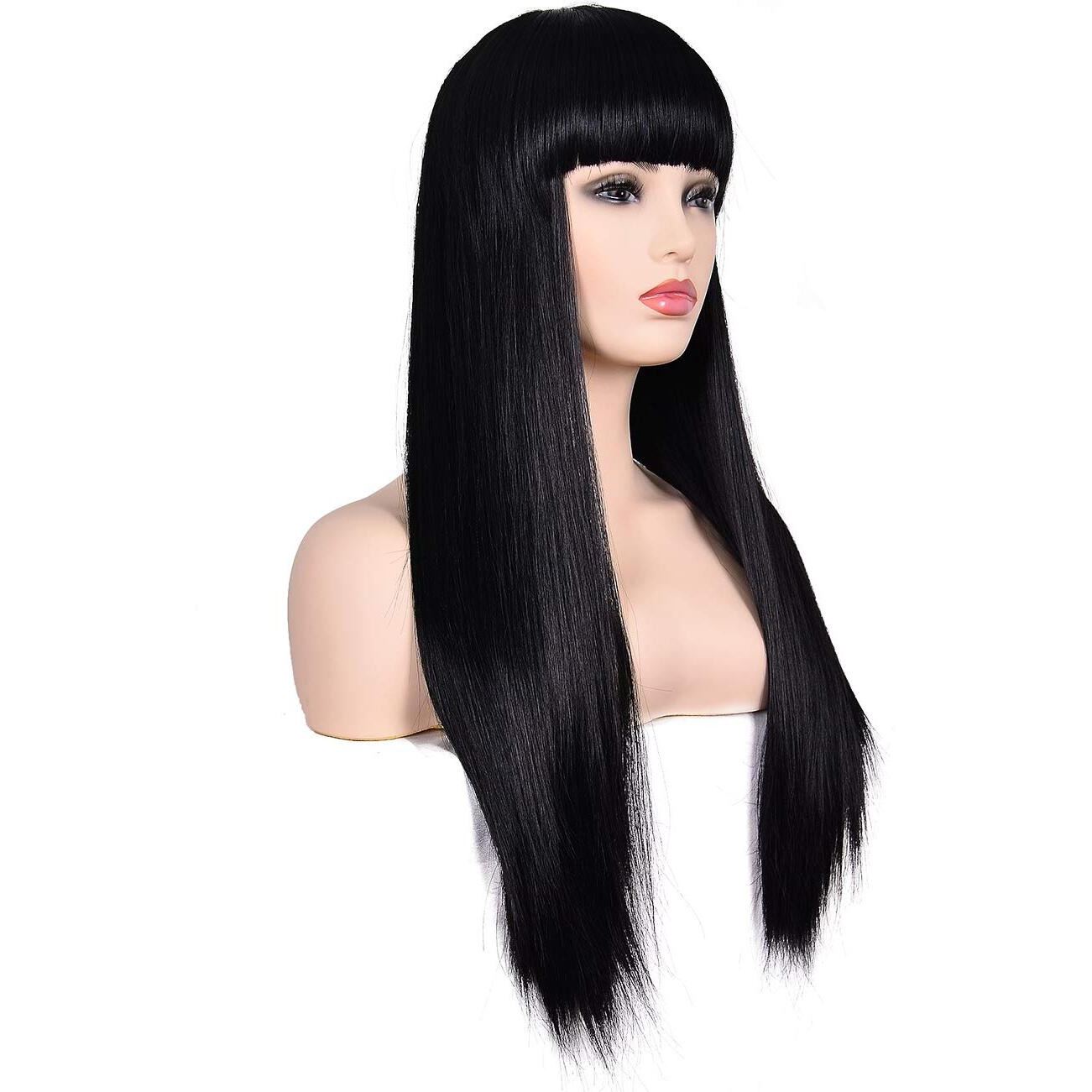 Morvally Women's 26"" Long Straight Black Synthetic Resistant Hair Wigs With Bangs Natural Looking Wig For Women Halloween Cosplay