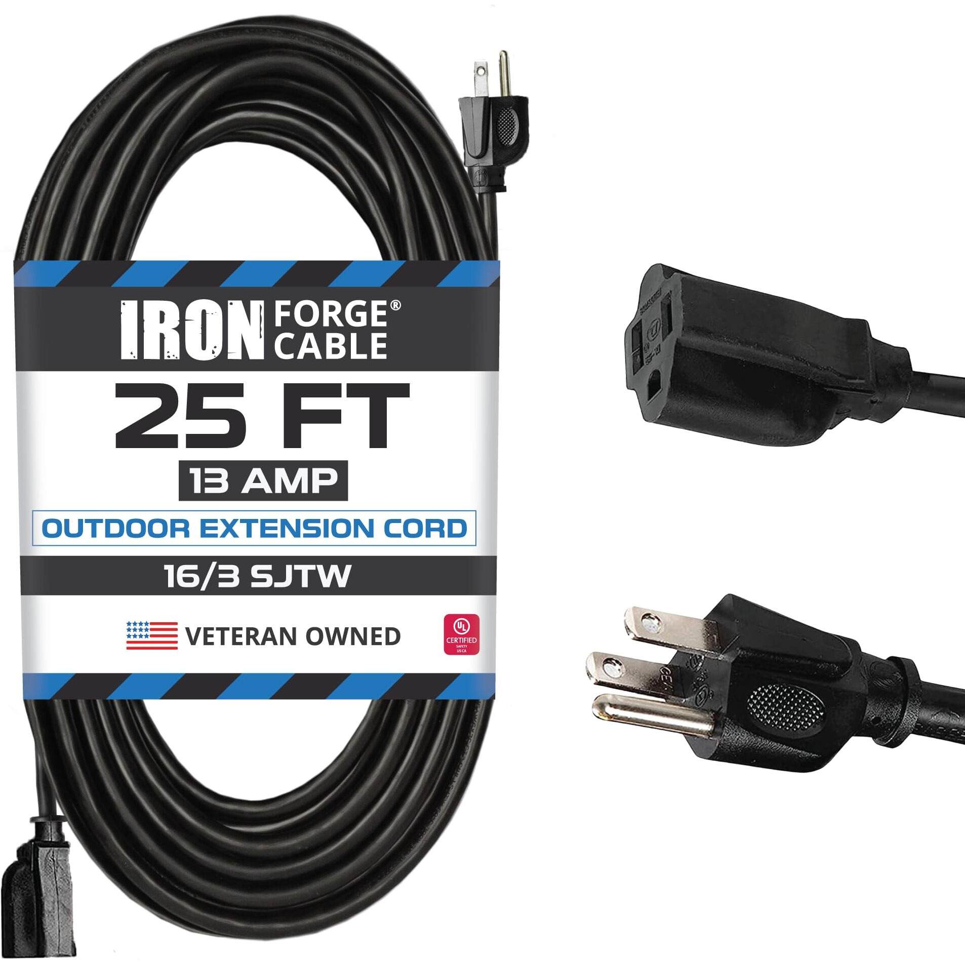 Iron Forge Cable Weatherproof Outdoor Extension Cord 25 Ft, 16/3 Sjtw Heavy Duty Black Extension Cord 3 Prong, 13 Amp Exterior Power Cable For Outdoor Lights, Lawn, Landscaping - Us Veteran Owned