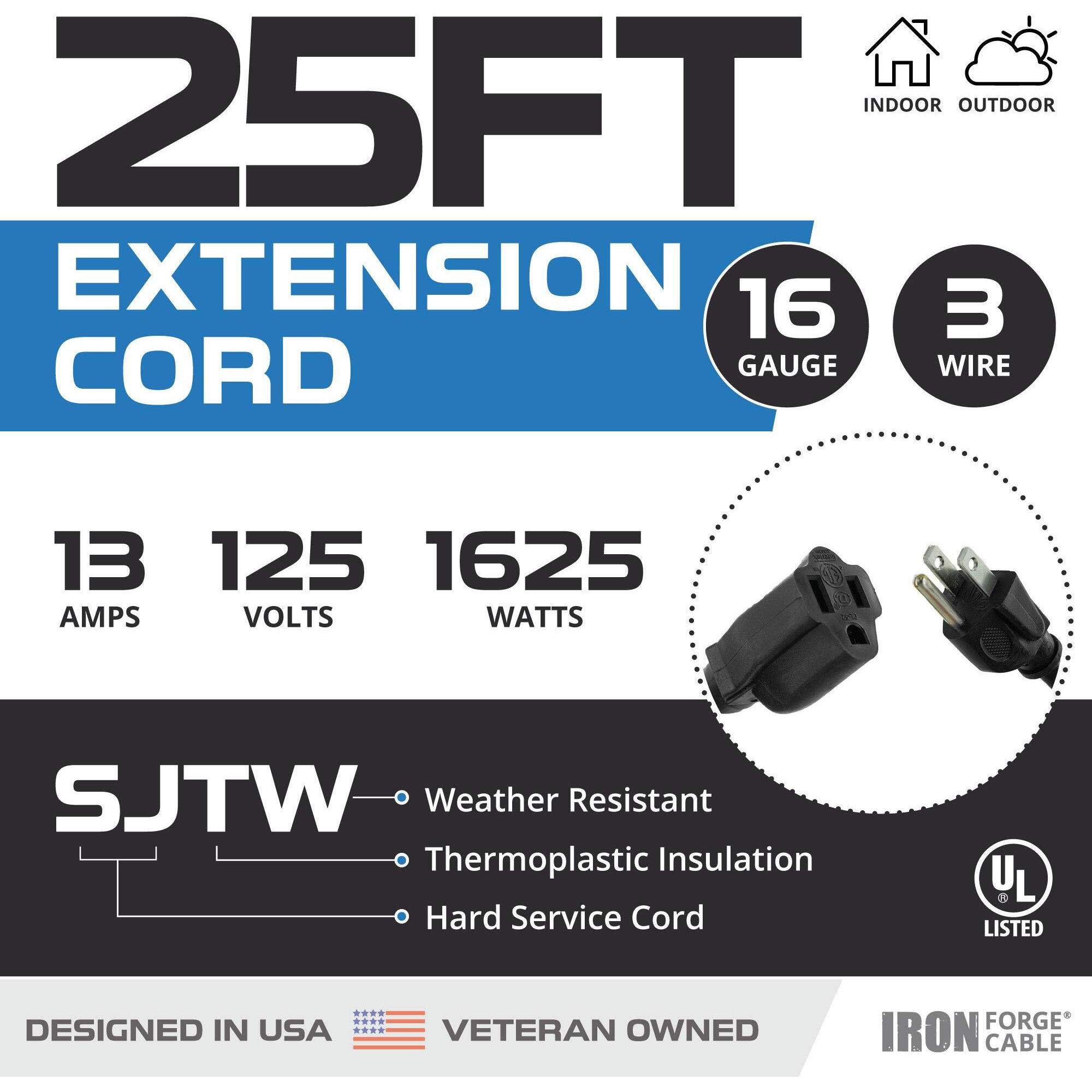 Iron Forge Cable Weatherproof Outdoor Extension Cord 25 Ft, 16/3 Sjtw Heavy Duty Black Extension Cord 3 Prong, 13 Amp Exterior Power Cable For Outdoor Lights, Lawn, Landscaping - Us Veteran Owned