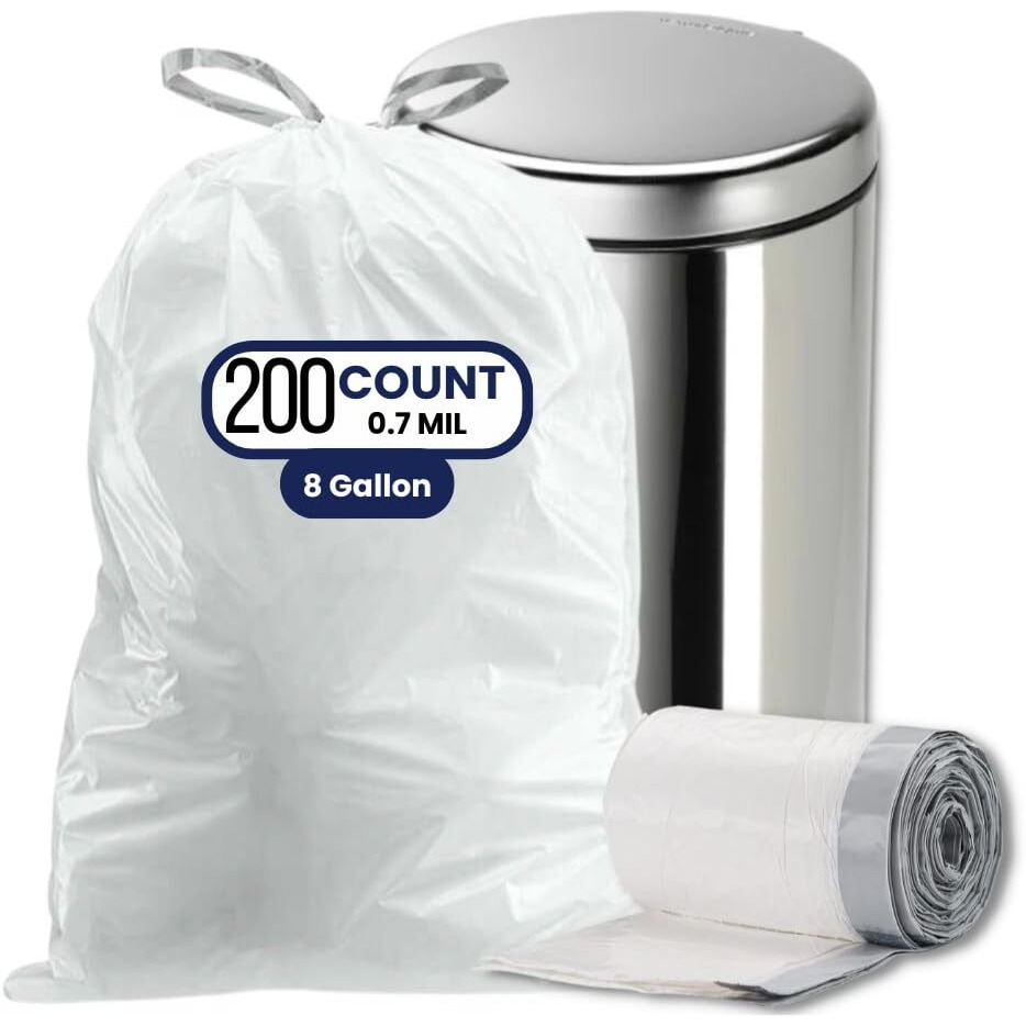 Plasticplace 8 Gallon Trash Bags     0.7 Mil     White Drawstring Garbage Can Liners    200 Count (Pack Of 1)