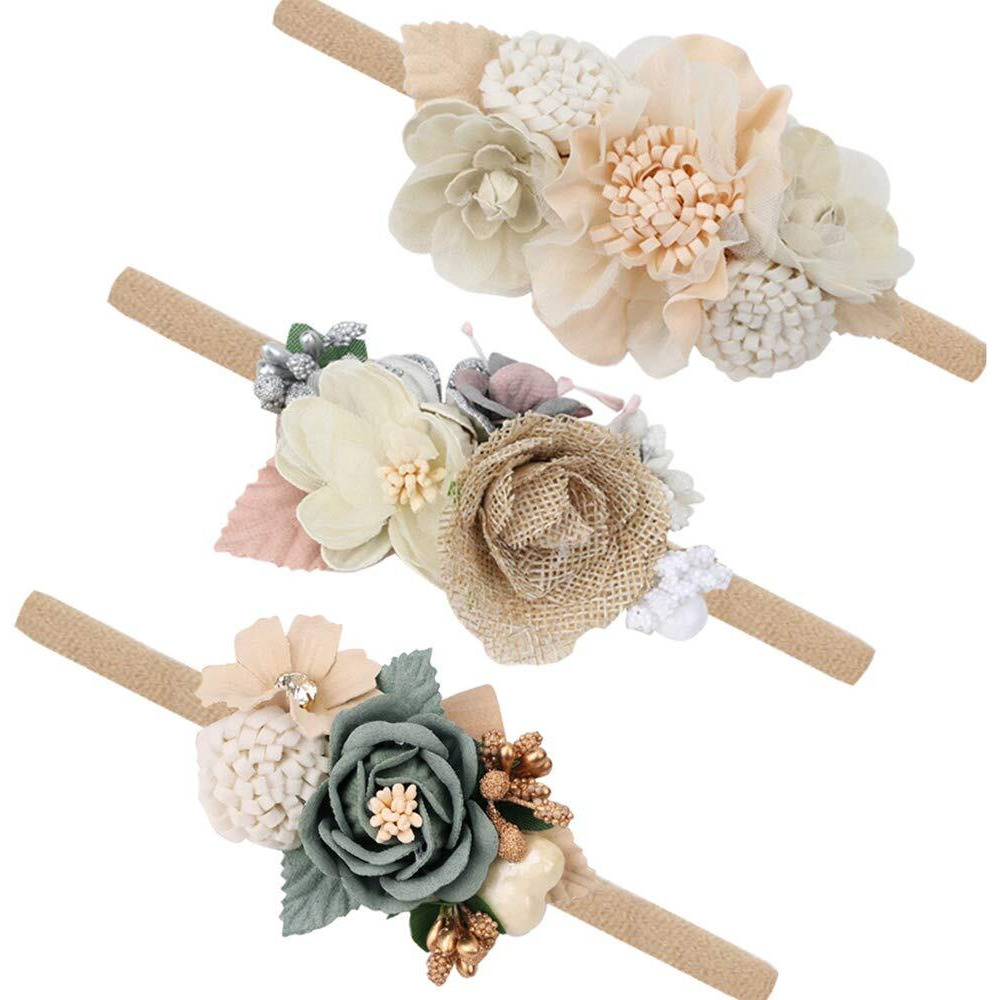 Pabobit Baby Girl Flower Nylon Headband-Elastic Hair Band Handmade Bow For Newborn Infant Toddler Pack Of 3 (Multicoloured)