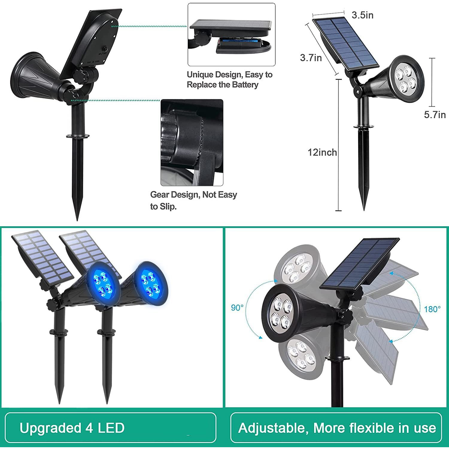 T-Sunus Blue Solar Spotlights 2 Pack, Ip65 Waterproof 4 Led Spot Lights Outdoor Halloween, Auto-On/Off Security Landscape Light 2 Modes For Christmas Tree Patio Garage Yard Garden Driveway Pool Fence