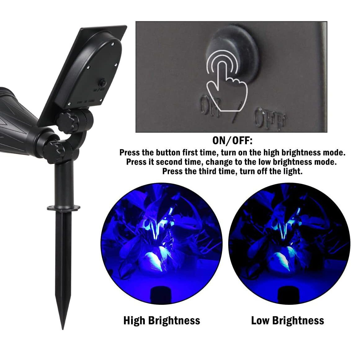 T-Sunus Blue Solar Spotlights 2 Pack, Ip65 Waterproof 4 Led Spot Lights Outdoor Halloween, Auto-On/Off Security Landscape Light 2 Modes For Christmas Tree Patio Garage Yard Garden Driveway Pool Fence