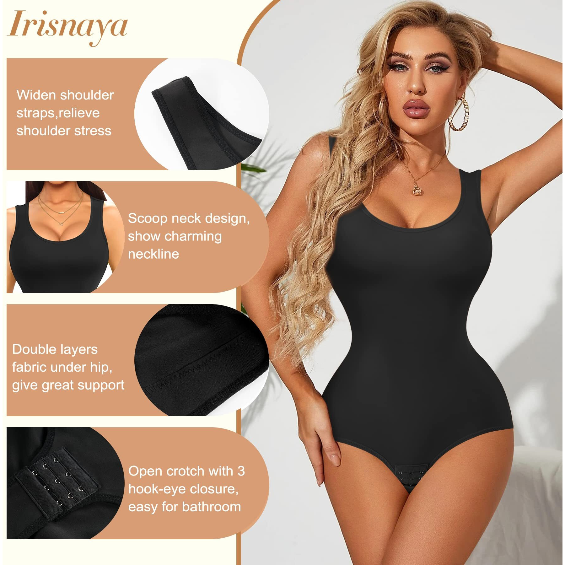 Irisnaya Shapewear Bodysuit Scoop Neck Tank Tops For Women Tummy Control Waist Trainer Vest Full Body Shaper (2Xl, Black)