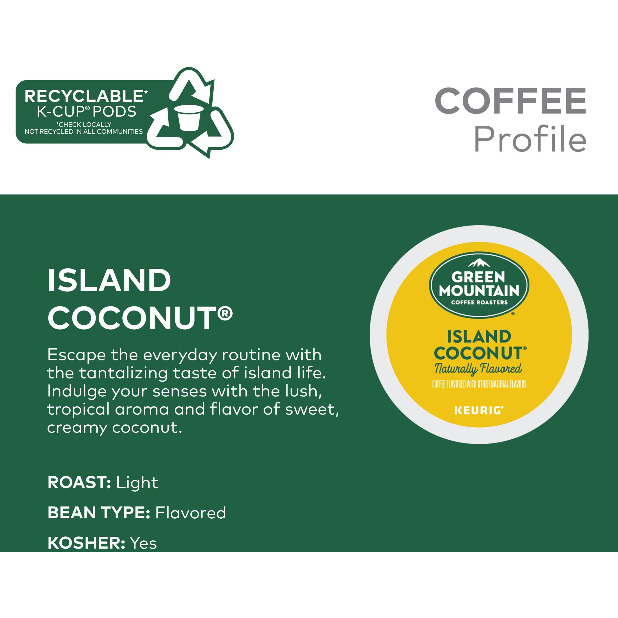 Green Mountain Coffee Roasters Island Coconut, Keurig Single-Serve K-Cup Pod, Flavored Light Roast Coffee Pods, 72 Count