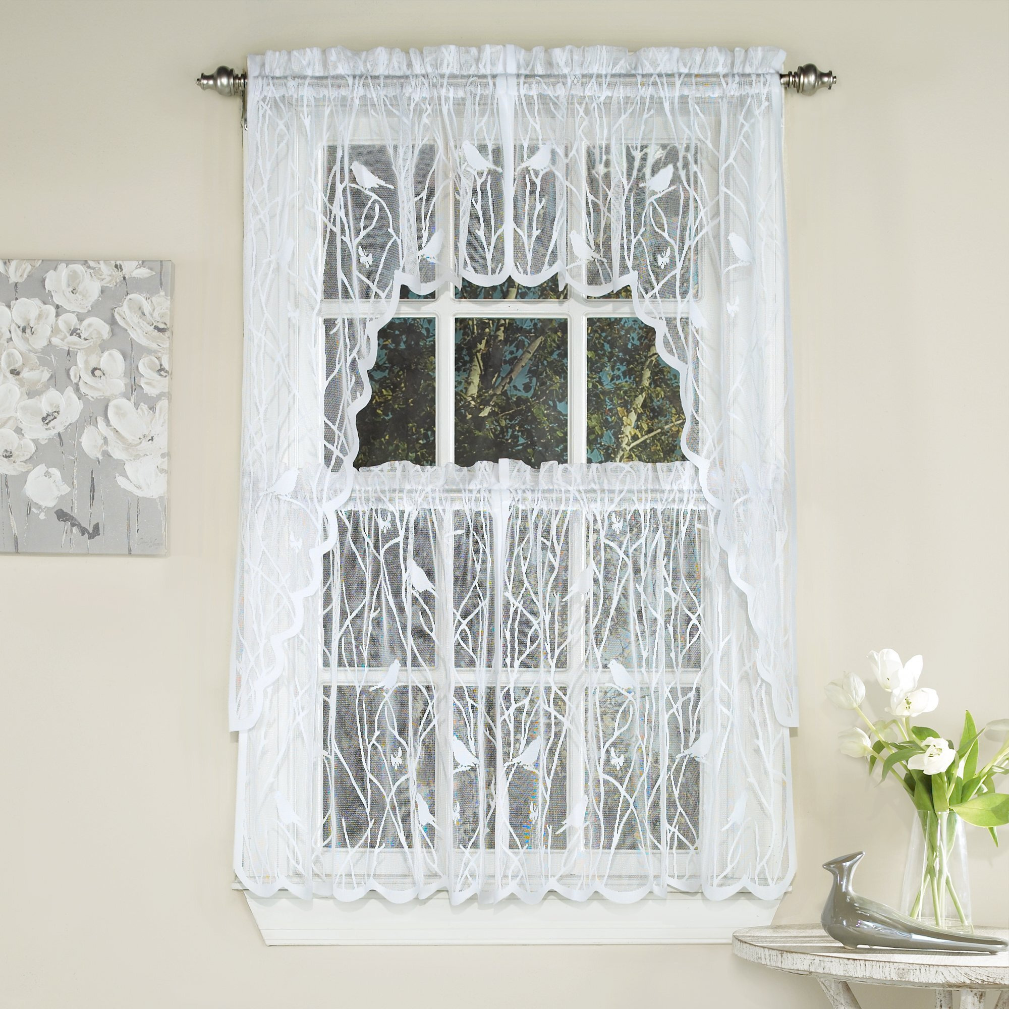 Sweet Home Collection 5 Pc Kitchen Curtain Set, Swag, Valance, Songbird White, 24"" Tier Pair
