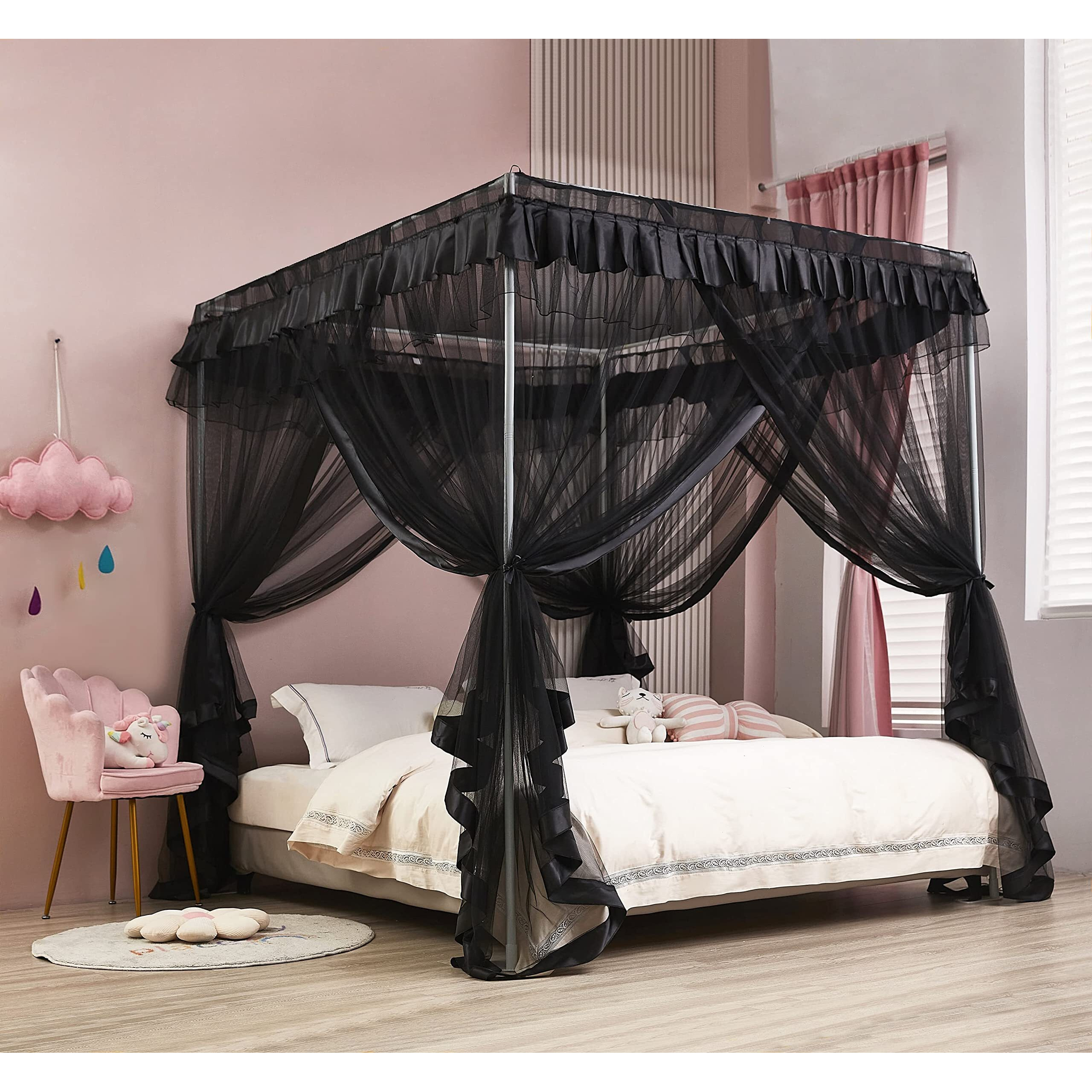 Mengersi Black Elegant 4 Corners Post Canopy Bed Curtains Mosquito Net Bed Drapes Full Size