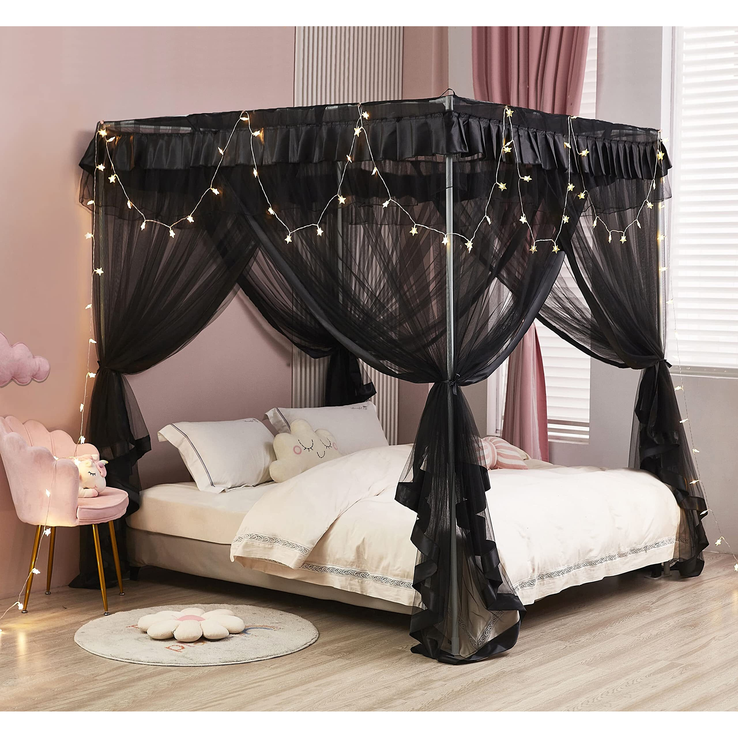 Mengersi Black Elegant 4 Corners Post Canopy Bed Curtains Mosquito Net Bed Drapes Full Size