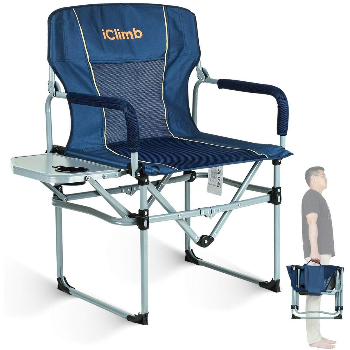 Iclimb Heavy Duty Compact Camping Folding Mesh Chair With Side Table And Handle (Navy)