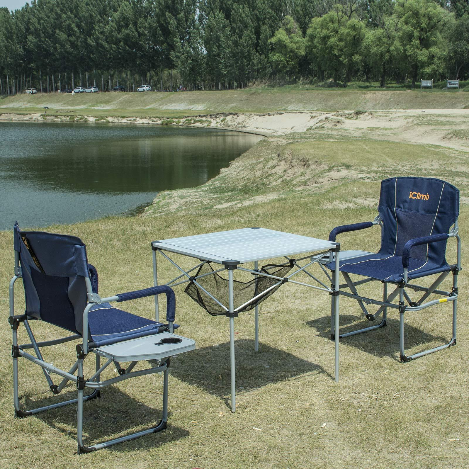 Iclimb Heavy Duty Compact Camping Folding Mesh Chair With Side Table And Handle (Navy)