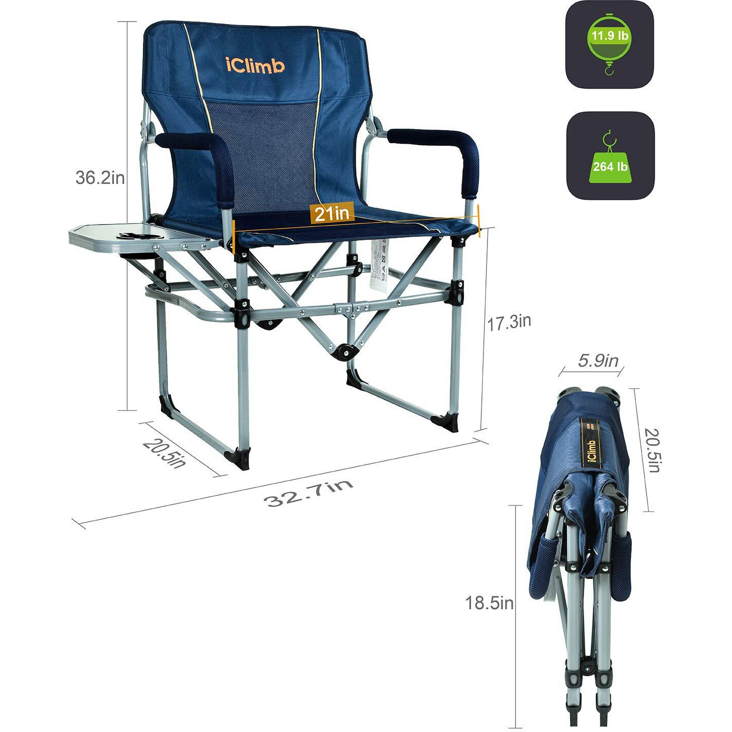Iclimb Heavy Duty Compact Camping Folding Mesh Chair With Side Table And Handle (Navy)
