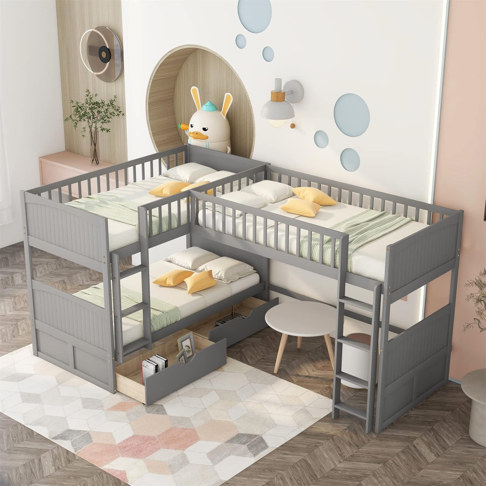 Triple Bunk Beds, L-Shaped Bunk Bed For 3 With Drawers,Twin Over Twin Wood Bunk Bed And Loft Bed With Storage For Kids, Boys, Girls, Teens, Adults, Gray