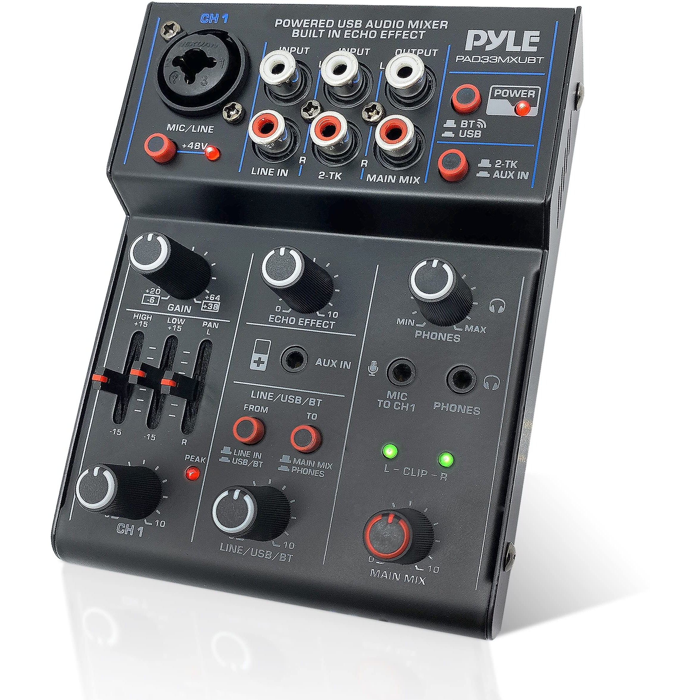 Pyle Professional Wireless Dj Audio Mixer - 3-Channel Bluetooth Dj Controller Sound Mixer W/Usb Audio Interface, Combo Jack Xlr+6.35Mm Mic/Line/Guitar In, 3.5Mm, Rca, Aux, Headphone Jack Pad33Mxubt
