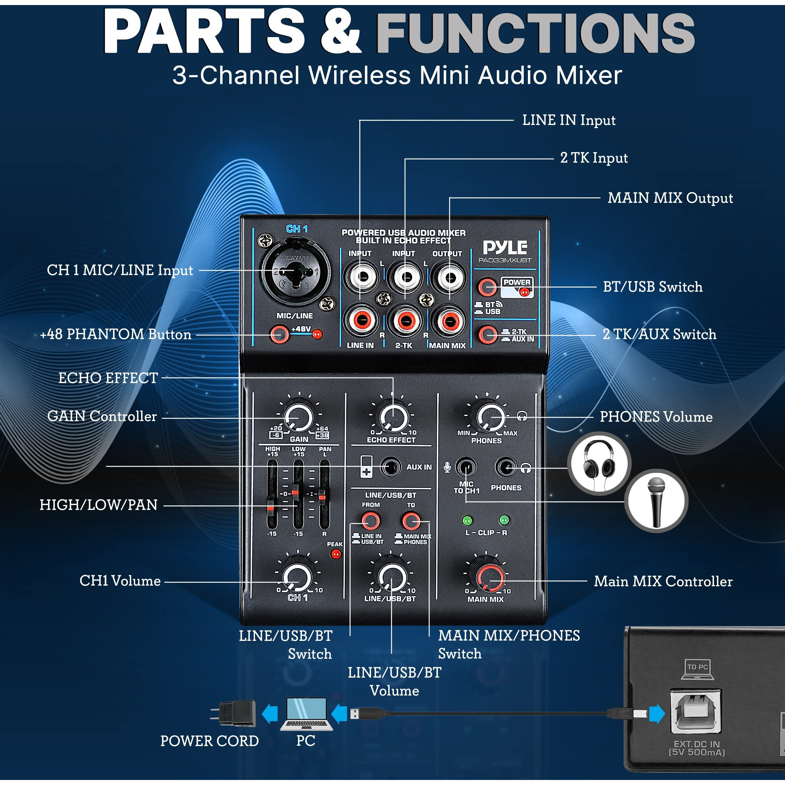 Pyle Professional Wireless Dj Audio Mixer - 3-Channel Bluetooth Dj Controller Sound Mixer W/Usb Audio Interface, Combo Jack Xlr+6.35Mm Mic/Line/Guitar In, 3.5Mm, Rca, Aux, Headphone Jack Pad33Mxubt