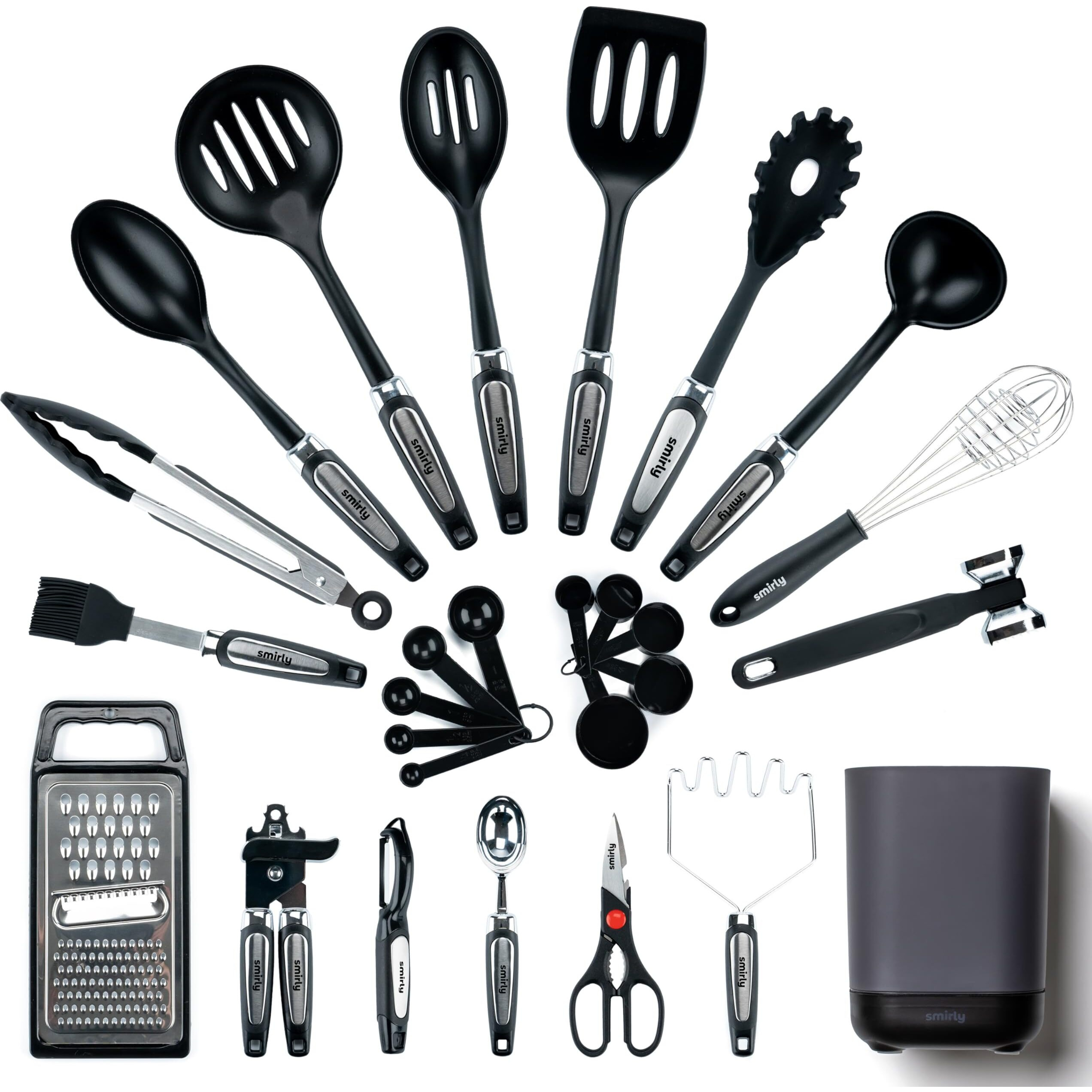 Silicone Kitchen Utensils Set & Holder Cooking Utensils Set - Kitchen Essentials For New Home & 1St Apartment- Silicone Spatula Set, Cooking Spoons For Nonstick Cookware (Stainless Steel, Black)