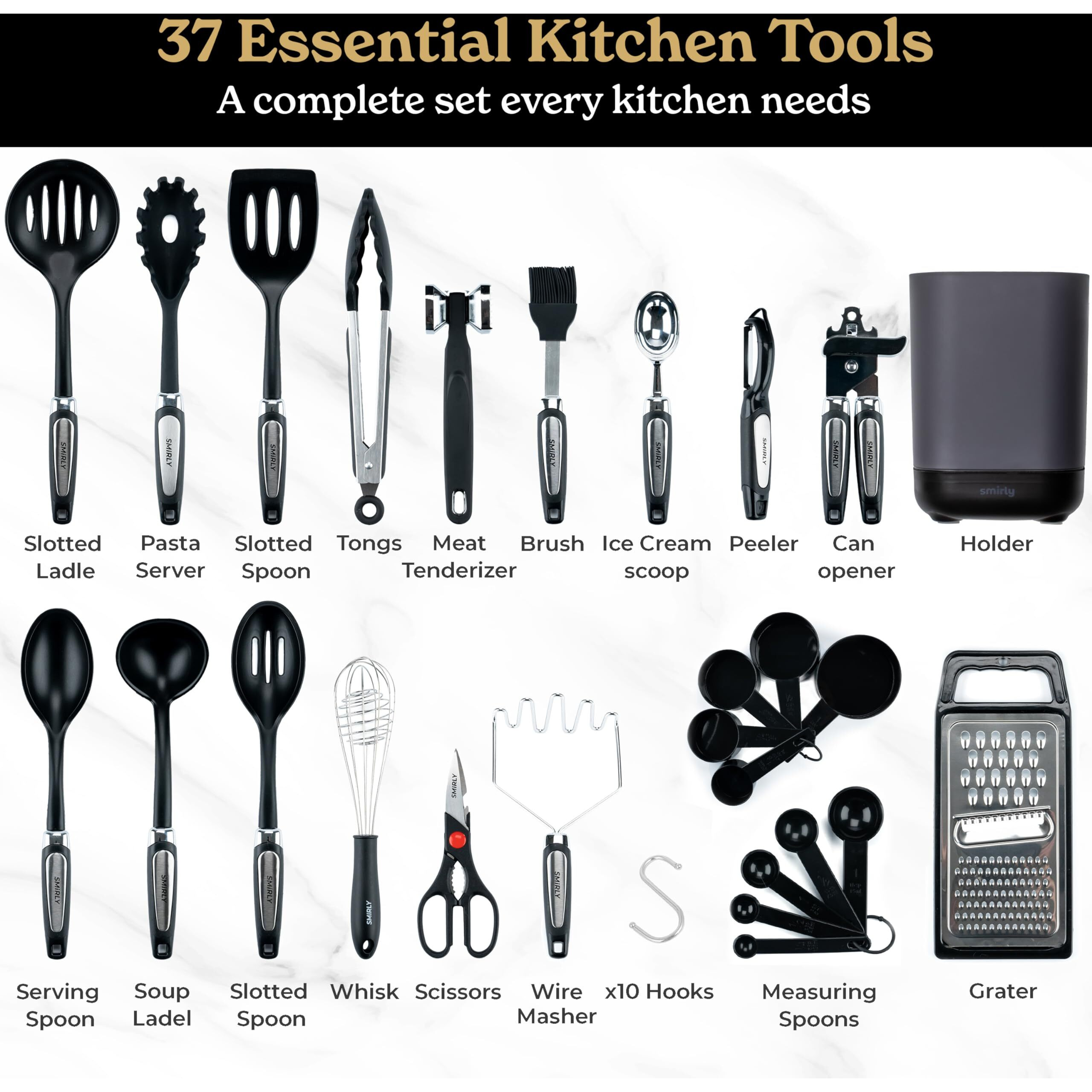 Silicone Kitchen Utensils Set & Holder Cooking Utensils Set - Kitchen Essentials For New Home & 1St Apartment- Silicone Spatula Set, Cooking Spoons For Nonstick Cookware (Stainless Steel, Black)