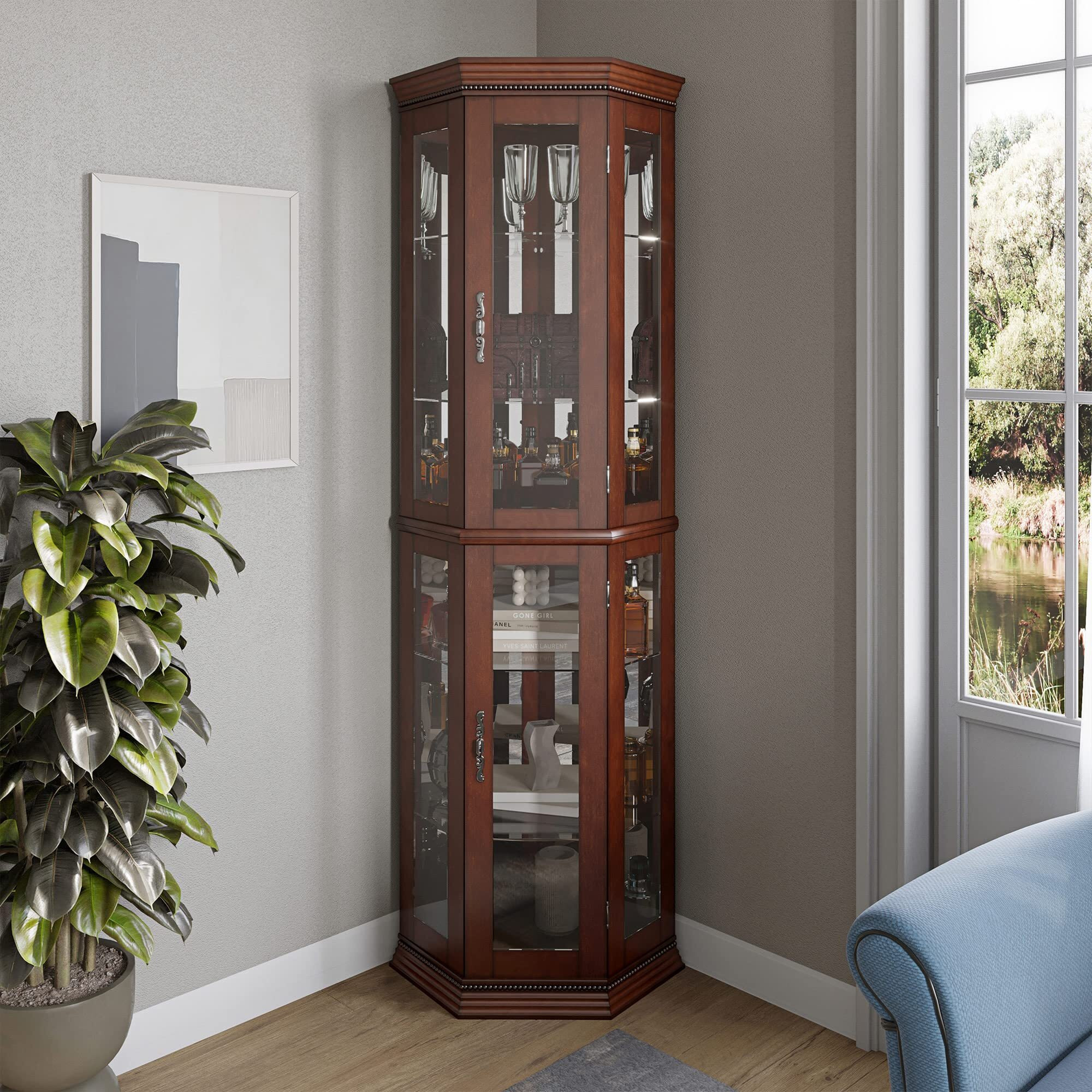 Belleze Lighted Wooden Corner Display Curio Cabinet, Two Section Shelving Unit With Tempered Glass Door, Bar And Liquor Storage Area With 6 Shelves - Lorona (Walnut)