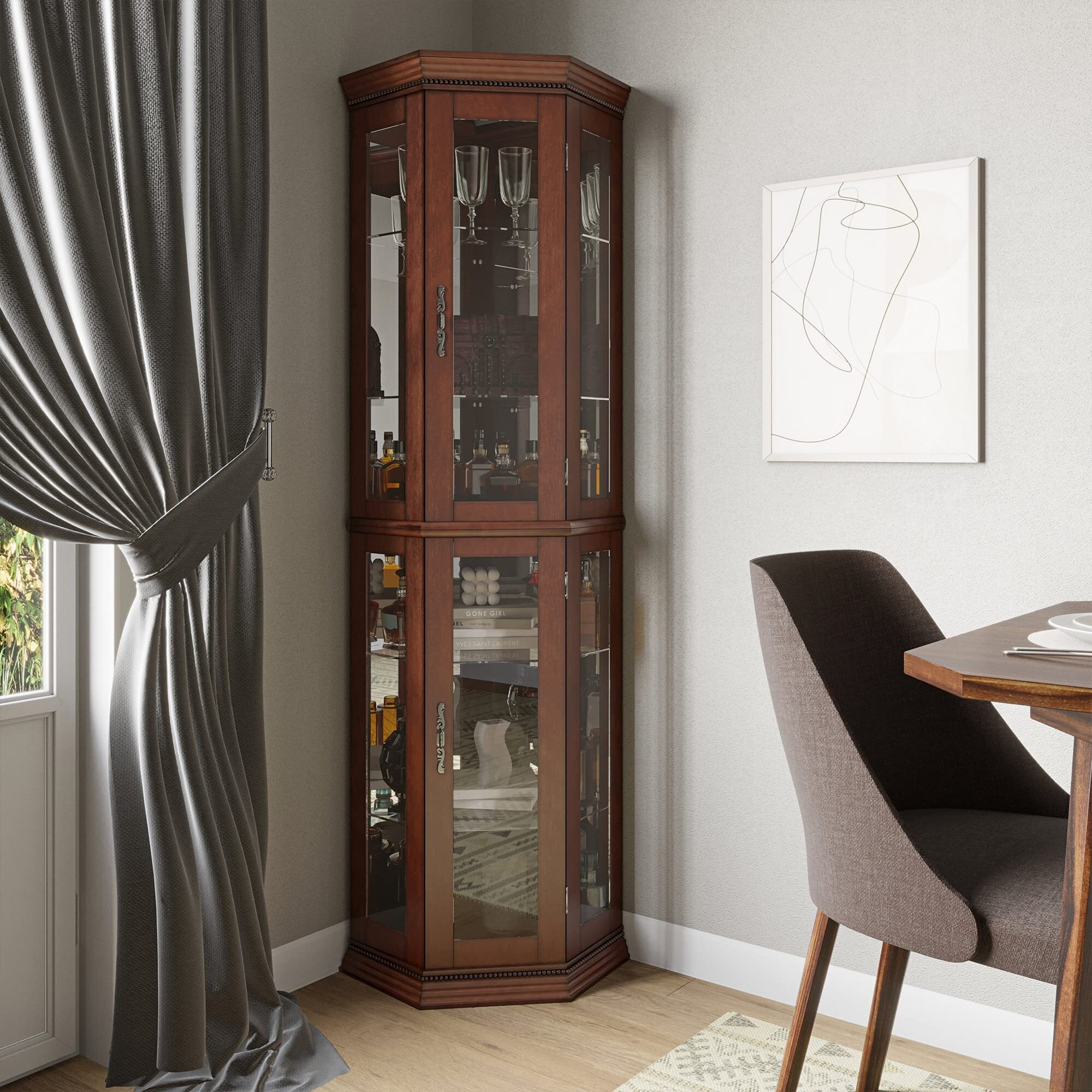 Belleze Lighted Wooden Corner Display Curio Cabinet, Two Section Shelving Unit With Tempered Glass Door, Bar And Liquor Storage Area With 6 Shelves - Lorona (Walnut)