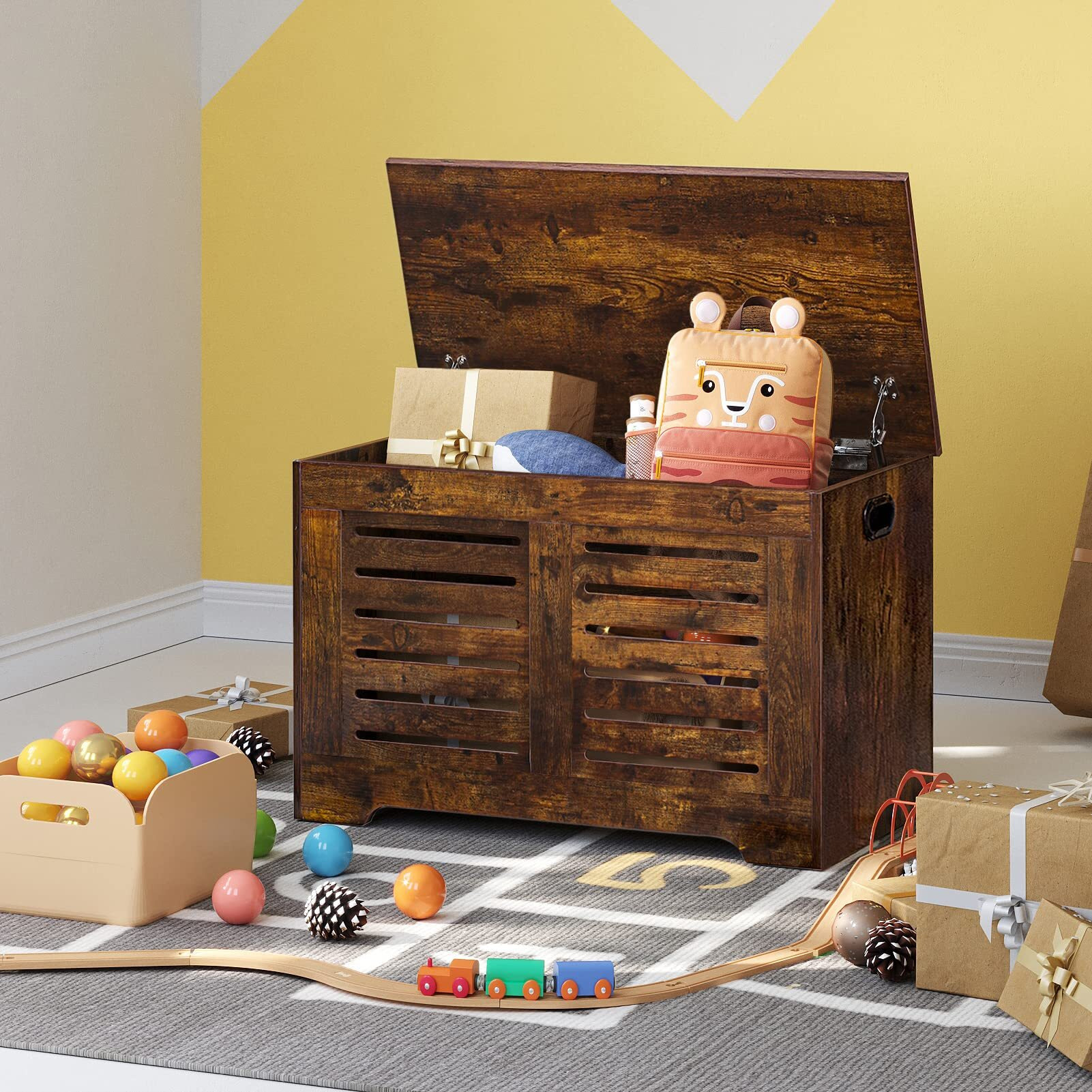 Dinzi Lvj Storage Chest, Flip-Top Wooden Toy Box With 2 Safety Hinges, Retro Entryway Shoe Bench, Sturdy Large Storage Trunk For Living Room, Bedroom, Toddler Room, Easy Assembly, Rustic Brown