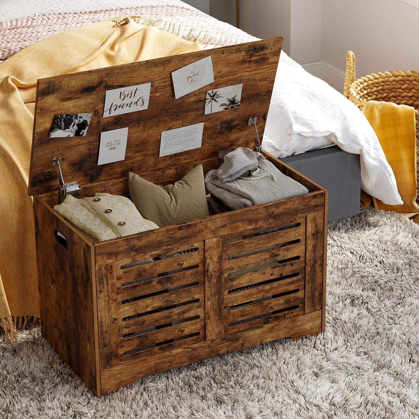 Dinzi Lvj Storage Chest, Flip-Top Wooden Toy Box With 2 Safety Hinges, Retro Entryway Shoe Bench, Sturdy Large Storage Trunk For Living Room, Bedroom, Toddler Room, Easy Assembly, Rustic Brown