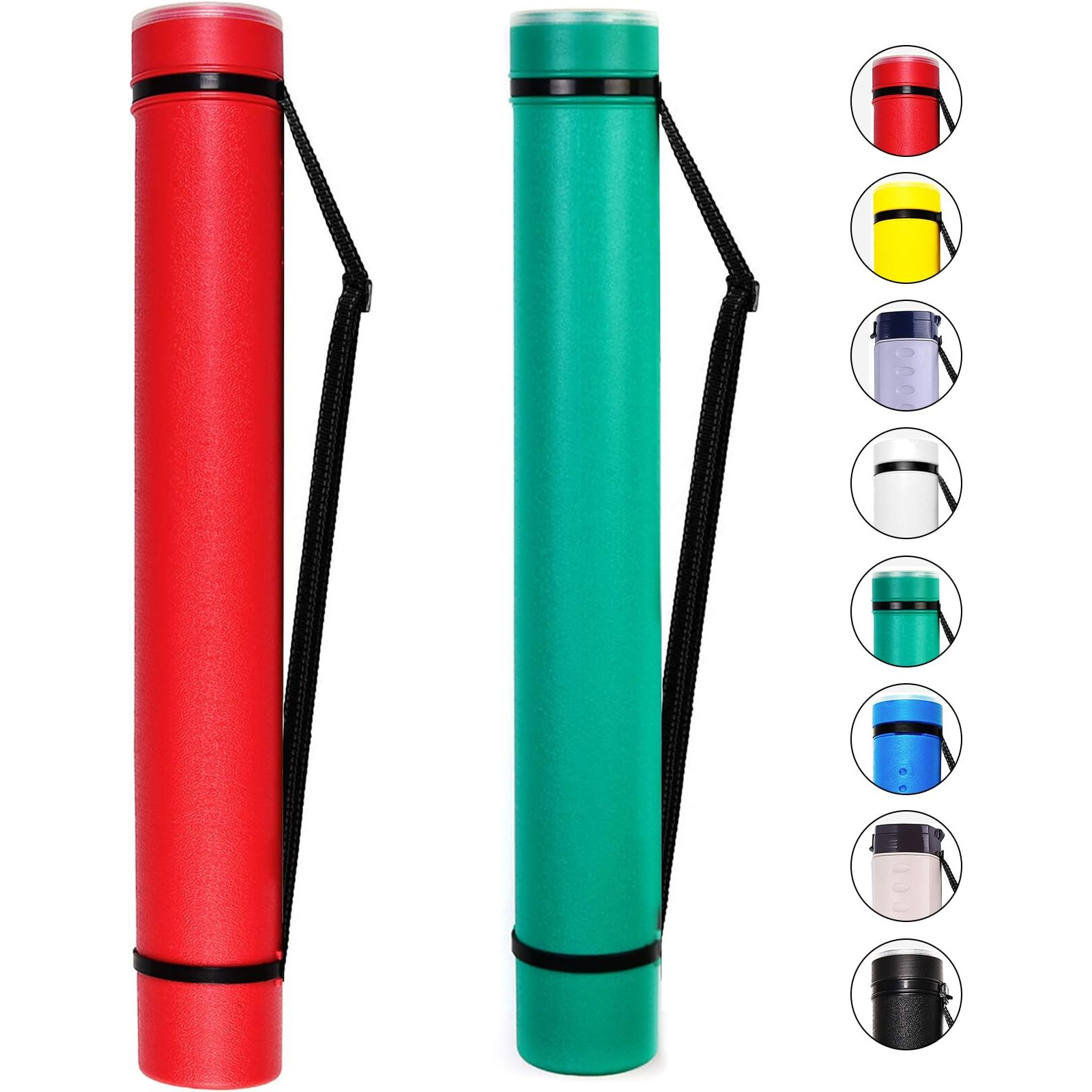 2-Pack Extendable Poster Tubes Expand From 24.5    To 40    With Shoulder Strap | Carry Documents, Blueprints, Drawings And Art | Red And Green Portable Durable Round Storage Cases With Lids And Labels