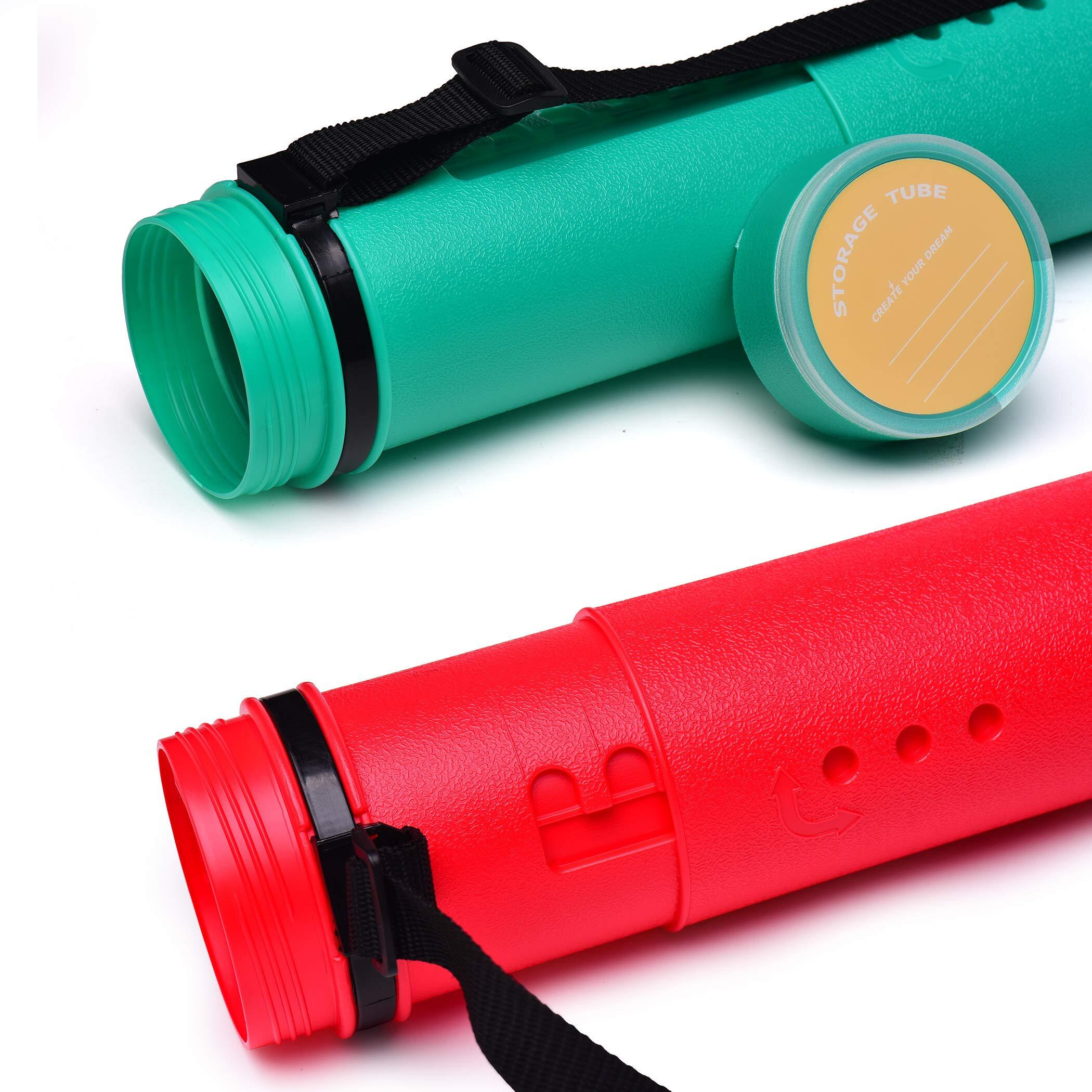 2-Pack Extendable Poster Tubes Expand From 24.5    To 40    With Shoulder Strap | Carry Documents, Blueprints, Drawings And Art | Red And Green Portable Durable Round Storage Cases With Lids And Labels