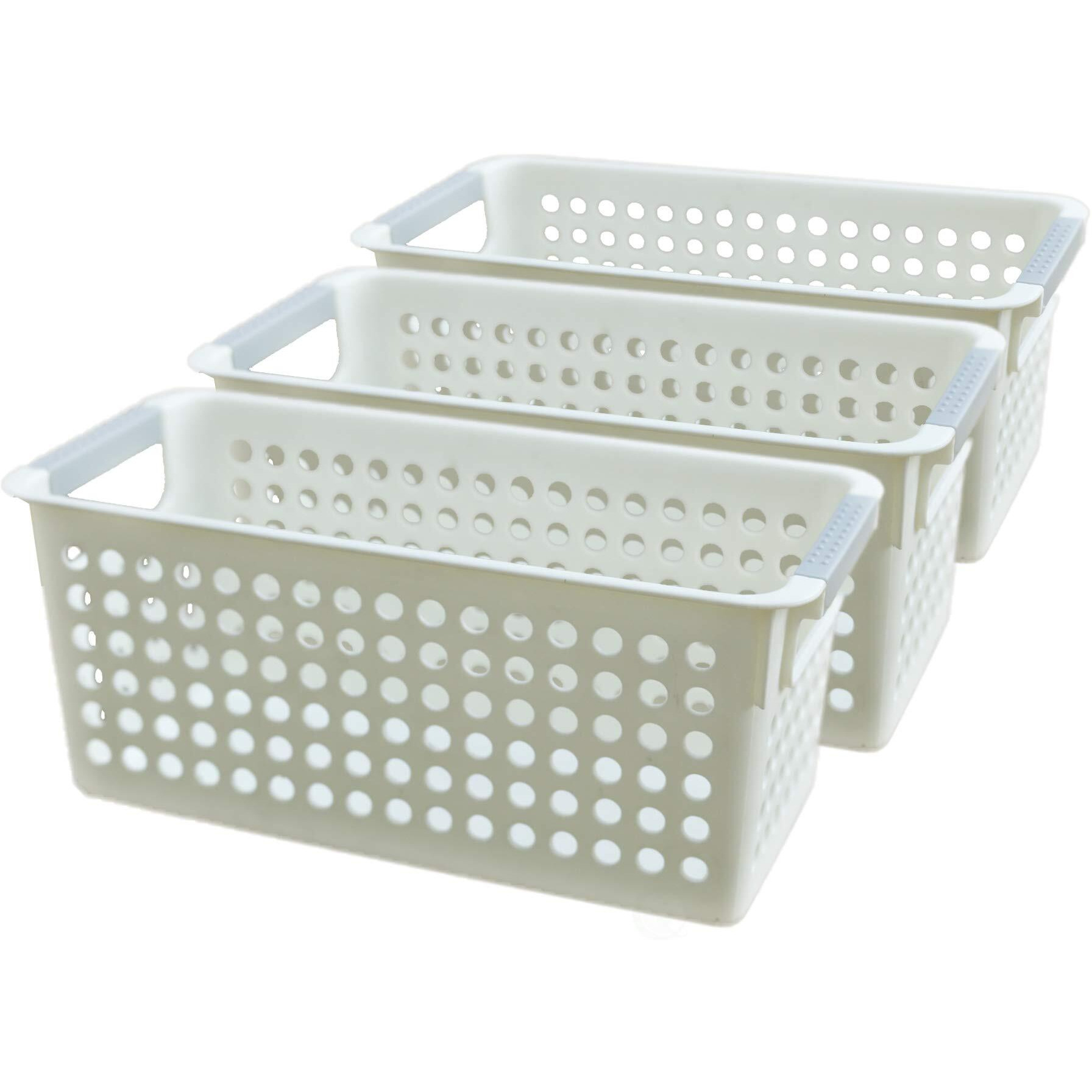 Basicwise White Rectangular Plastic Shelf Organizer Basket With Handles (Set Of 3), (Qi003238.3)