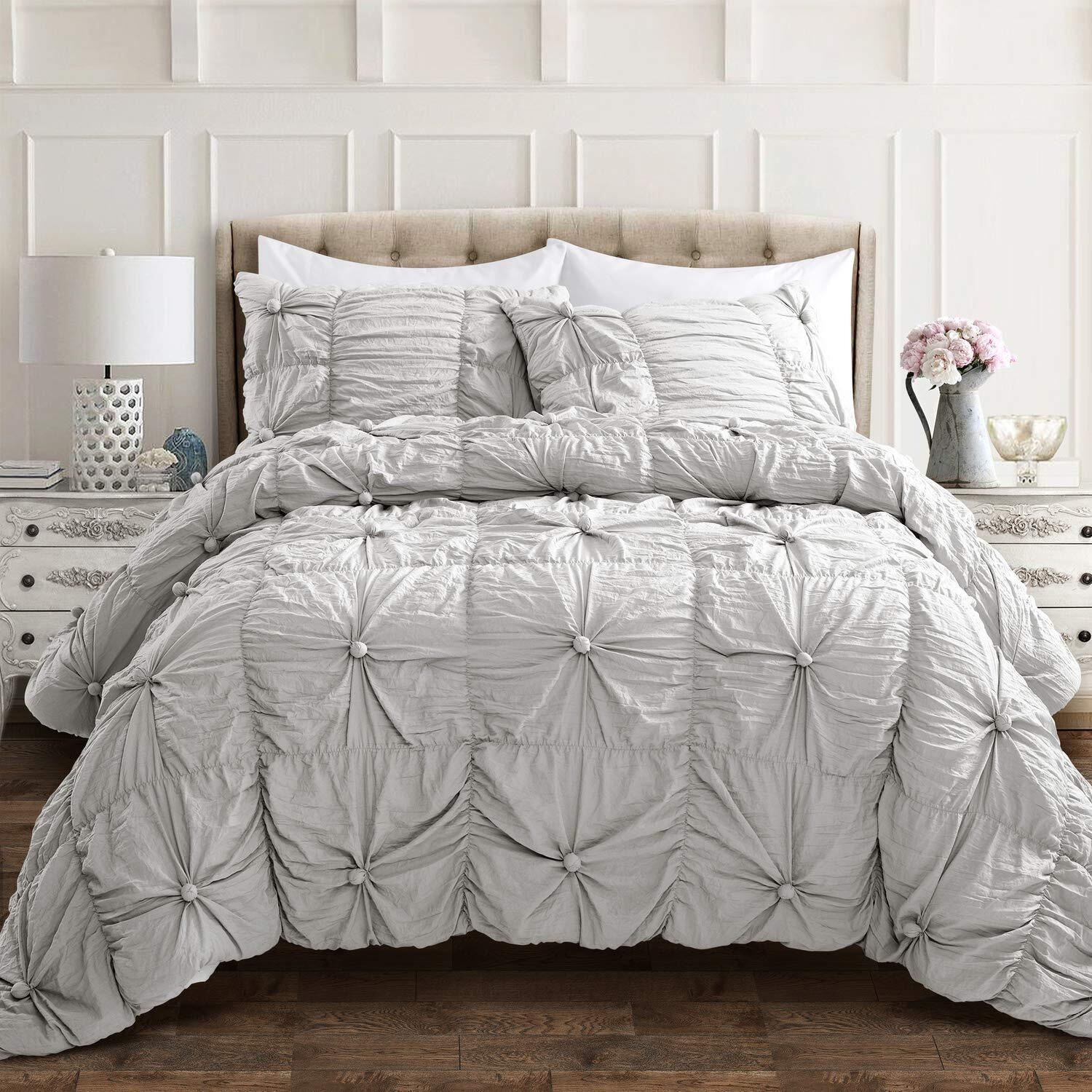 Lush Decor Bella Comforter Set Vintage Chic Style Ruched 3 Piece Bedding With Pillow Shams-King-Light Gray