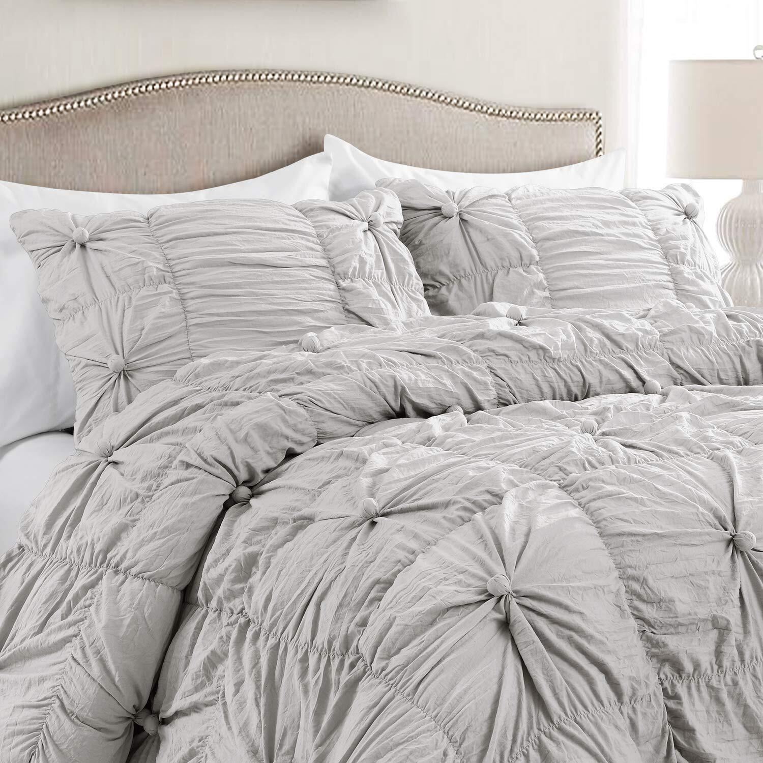 Lush Decor Bella Comforter Set Vintage Chic Style Ruched 3 Piece Bedding With Pillow Shams-King-Light Gray