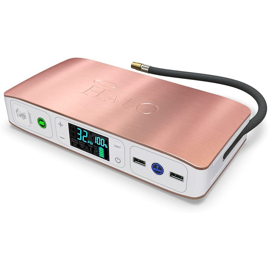 Halo Bolt Air 58830 Mwh Portable Emergency Power Kit With Tire Pump, 4 Interchangeable Air Nozzles, Extra Accessory Kit, Car Jump Starter, And Car Charger - Rose Gold