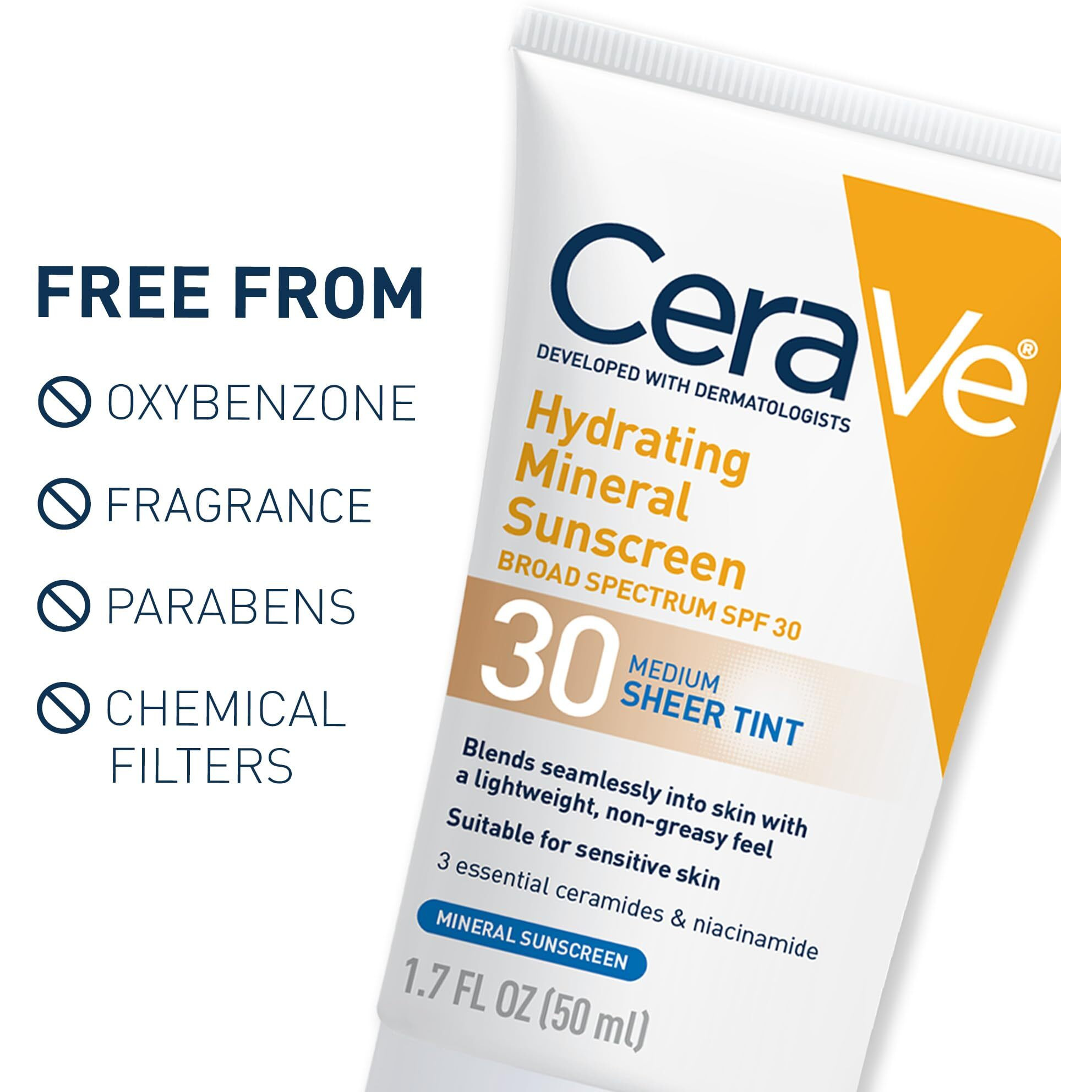 Cerave Hydrating Mineral Sunscreen Spf 30 With Sheer Tint | Tinted Mineral Sunscreen With Zinc Oxide & Titanium Dioxide | Blends Seamlessly For Healthy Glow | Medium, 1.7 Fluid Ounce