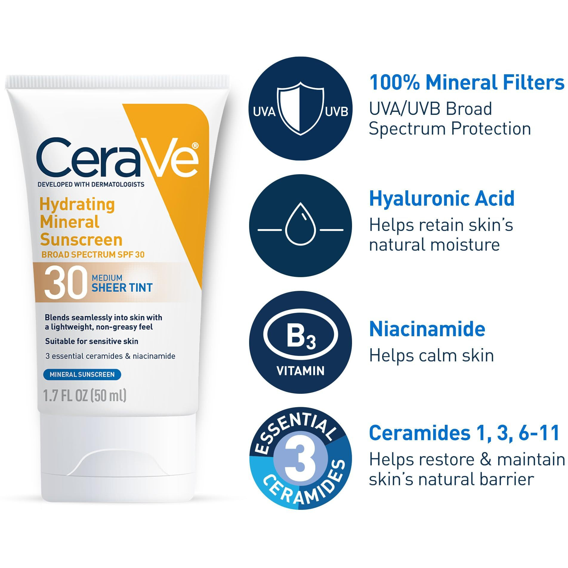 Cerave Hydrating Mineral Sunscreen Spf 30 With Sheer Tint | Tinted Mineral Sunscreen With Zinc Oxide & Titanium Dioxide | Blends Seamlessly For Healthy Glow | Medium, 1.7 Fluid Ounce